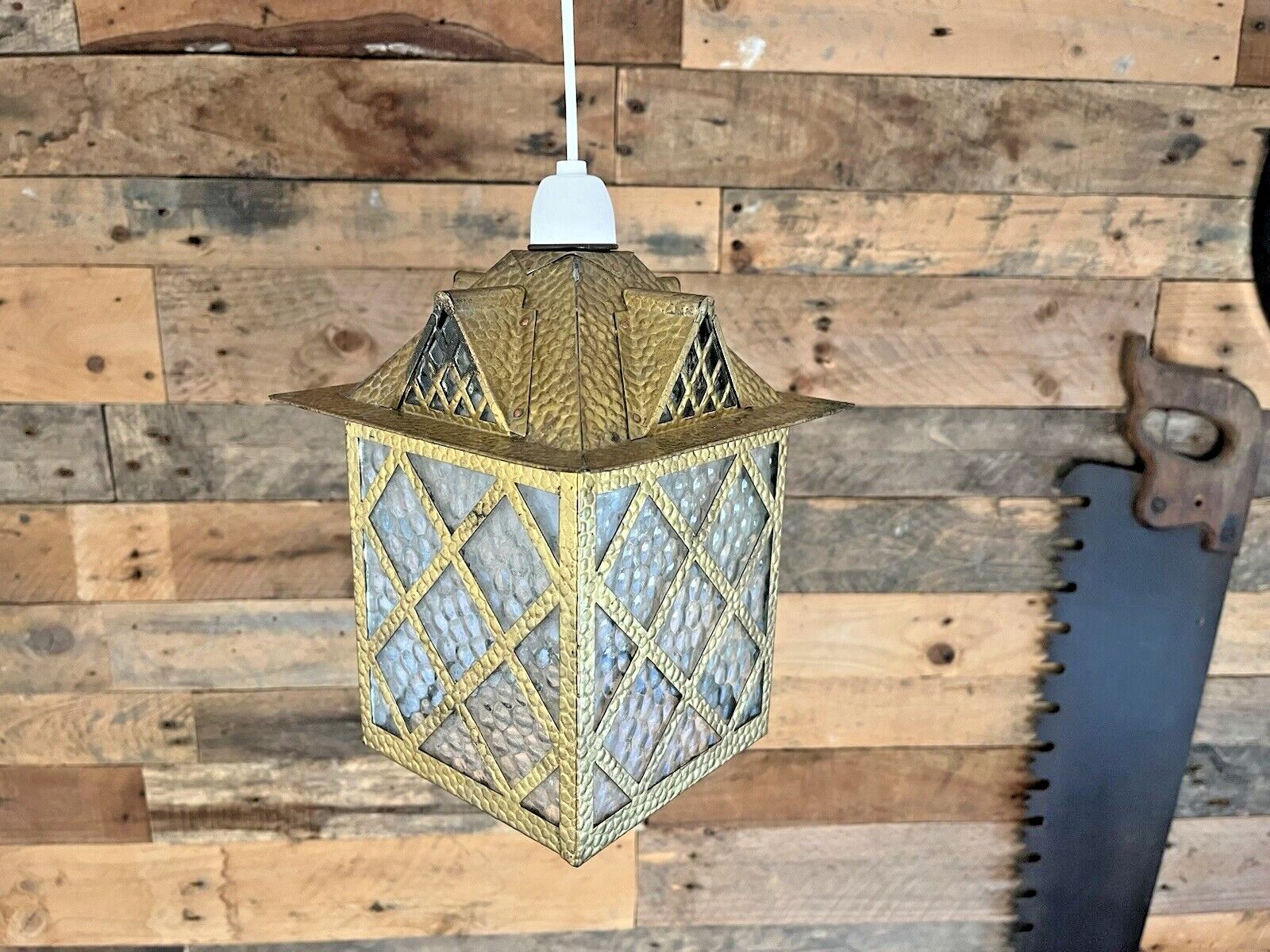 photo vintage 1 Antique Arts & Crafts Textured Brass & Glass Pendant Lantern Porch Lamp Light