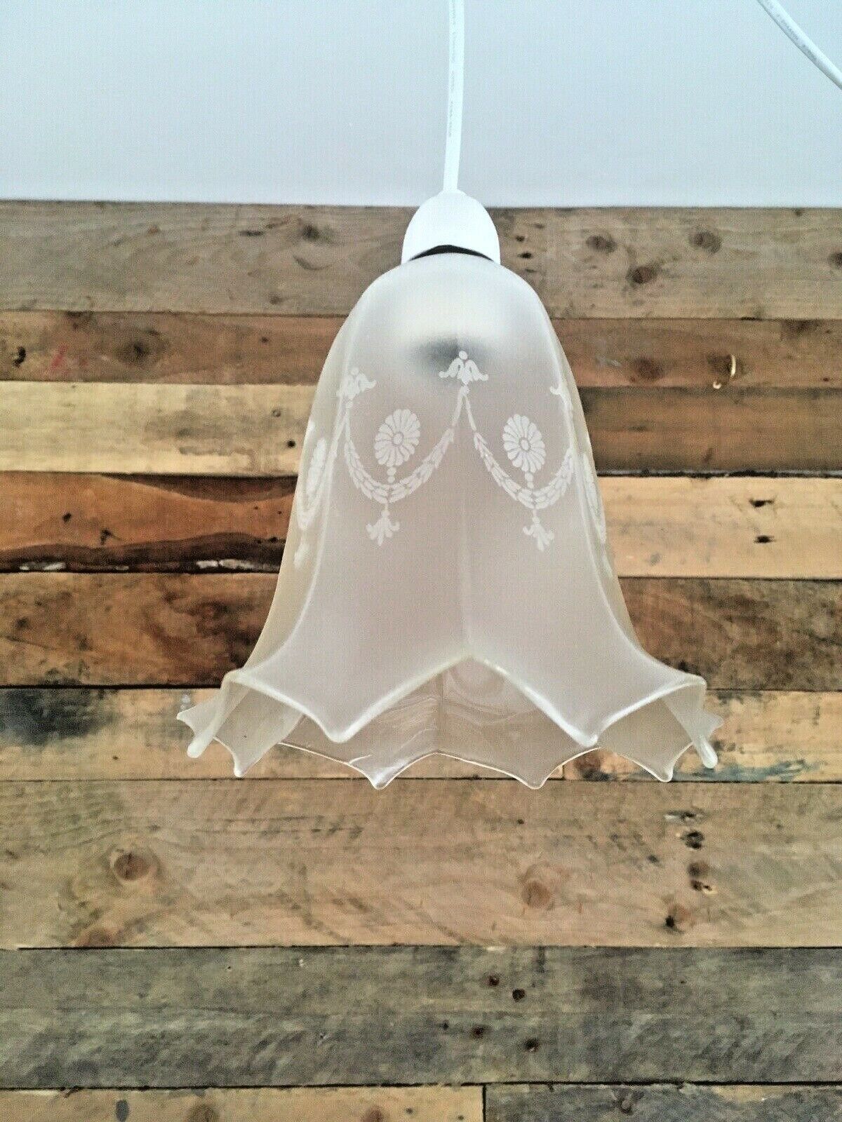 Etched Victorian Frosted Glass Swag Octagonal Trailed Fluted Shade Edwardian Era