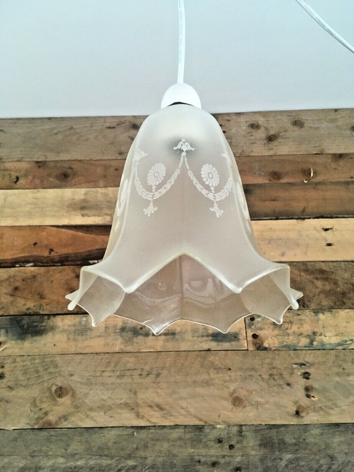 95.0 Etched Victorian Frosted Glass Swag Octagonal Trailed Fluted Shade Edwardian Era photo