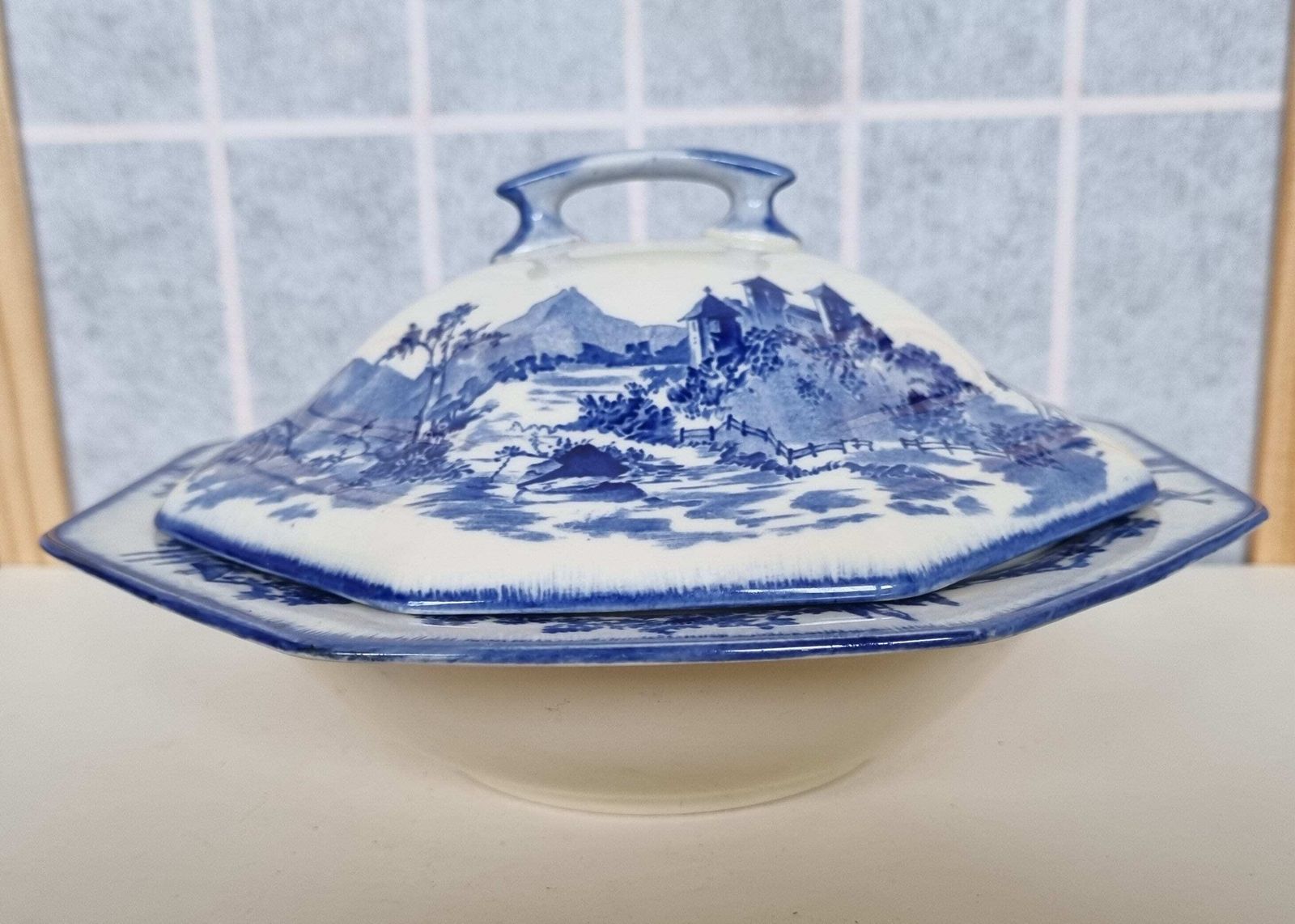 Royal Doulton Norfolk Dish | Vintage Blue White Covered Serving Bowl | English China Landscape Scene | Octagonal photo furniture