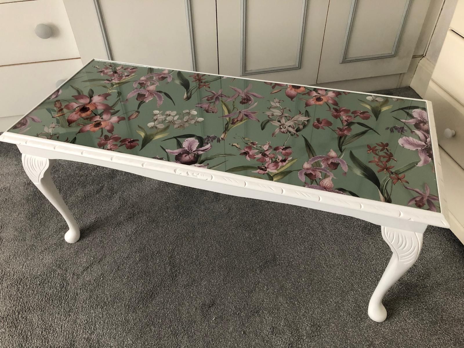 Glazed Coffee Table Satin White Paint Finish And Jade Green And Floral Paper Top