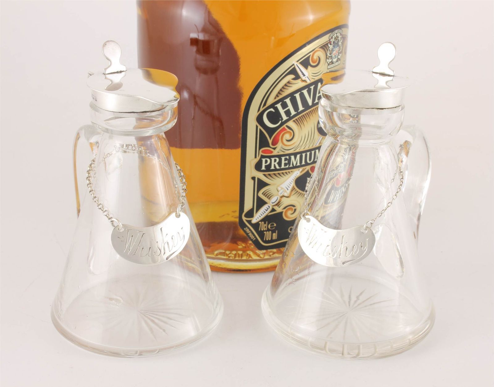 Pair Silver Mounted Glass Whisky Noggins & Tot Labels Hukin & Heath 1910. photo Home Decor