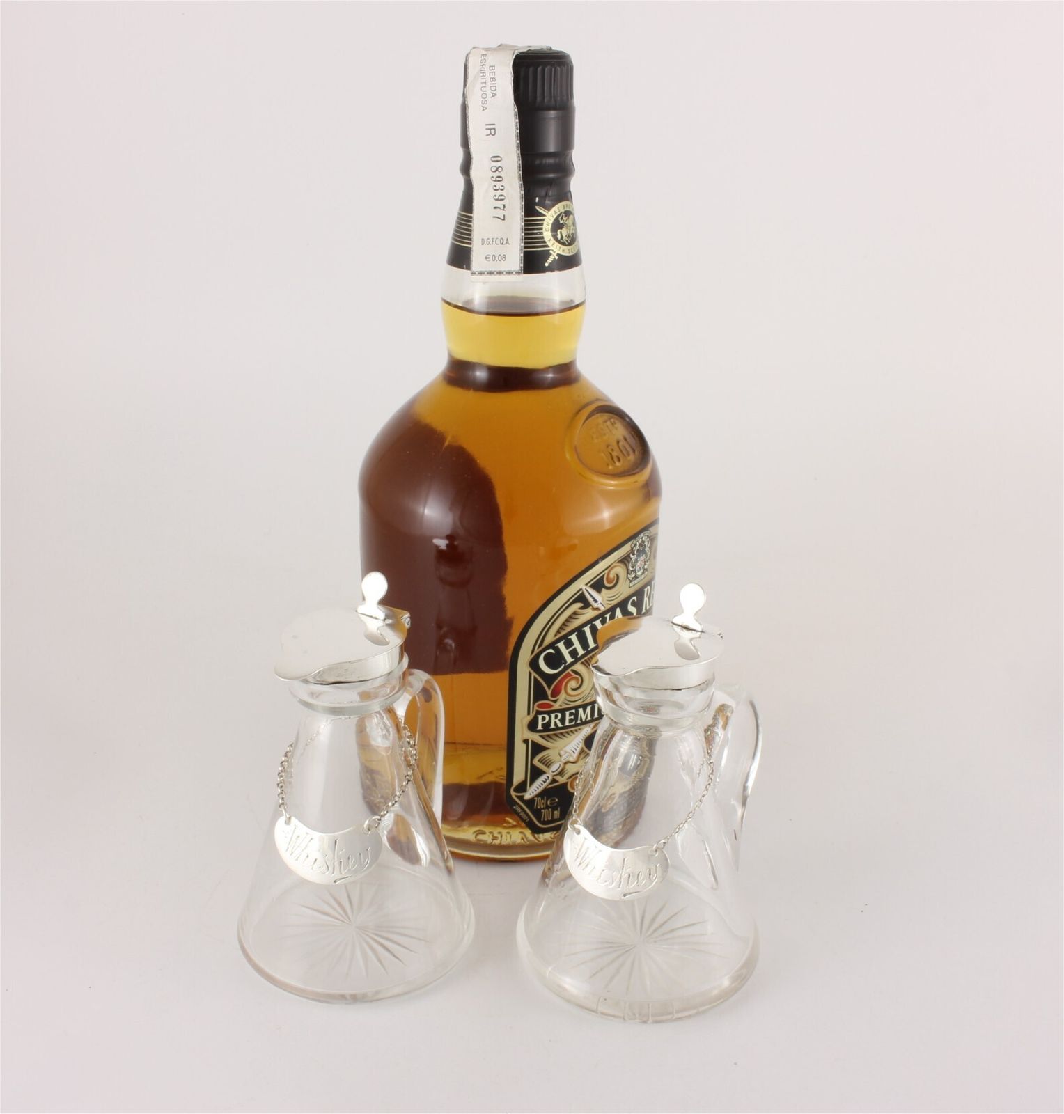 photo for sale Pair Silver Mounted Glass Whisky Noggins & Tot Labels Hukin & Heath 1910.