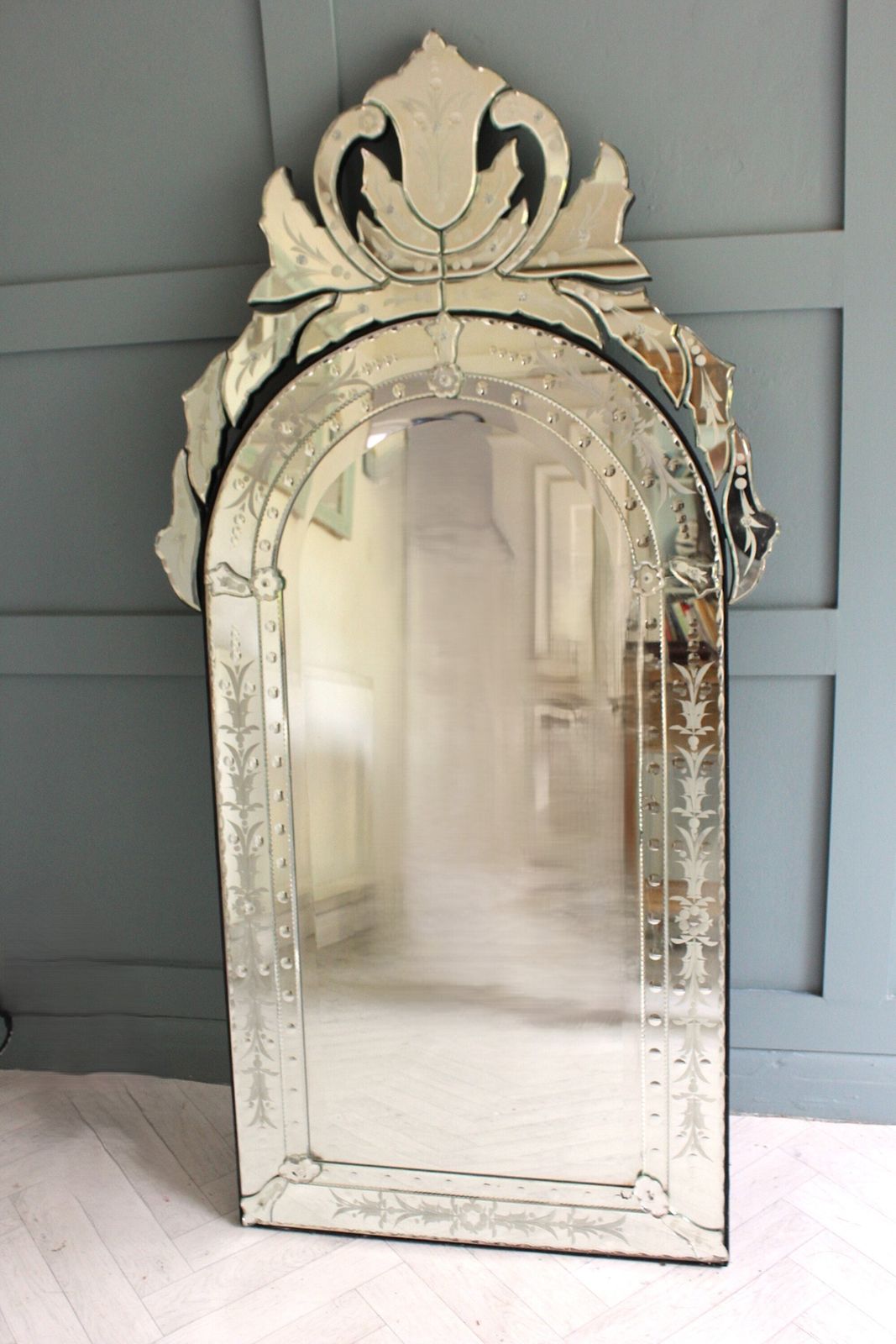 Mid Century Modern Venetian Etched And Bevelled Wall Mirror, 1950s photo for sale