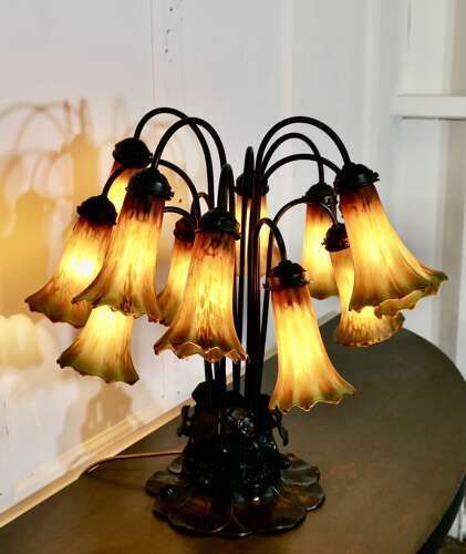Tiffany Style Bronze And Glass Lily Table Lamp photo vintage