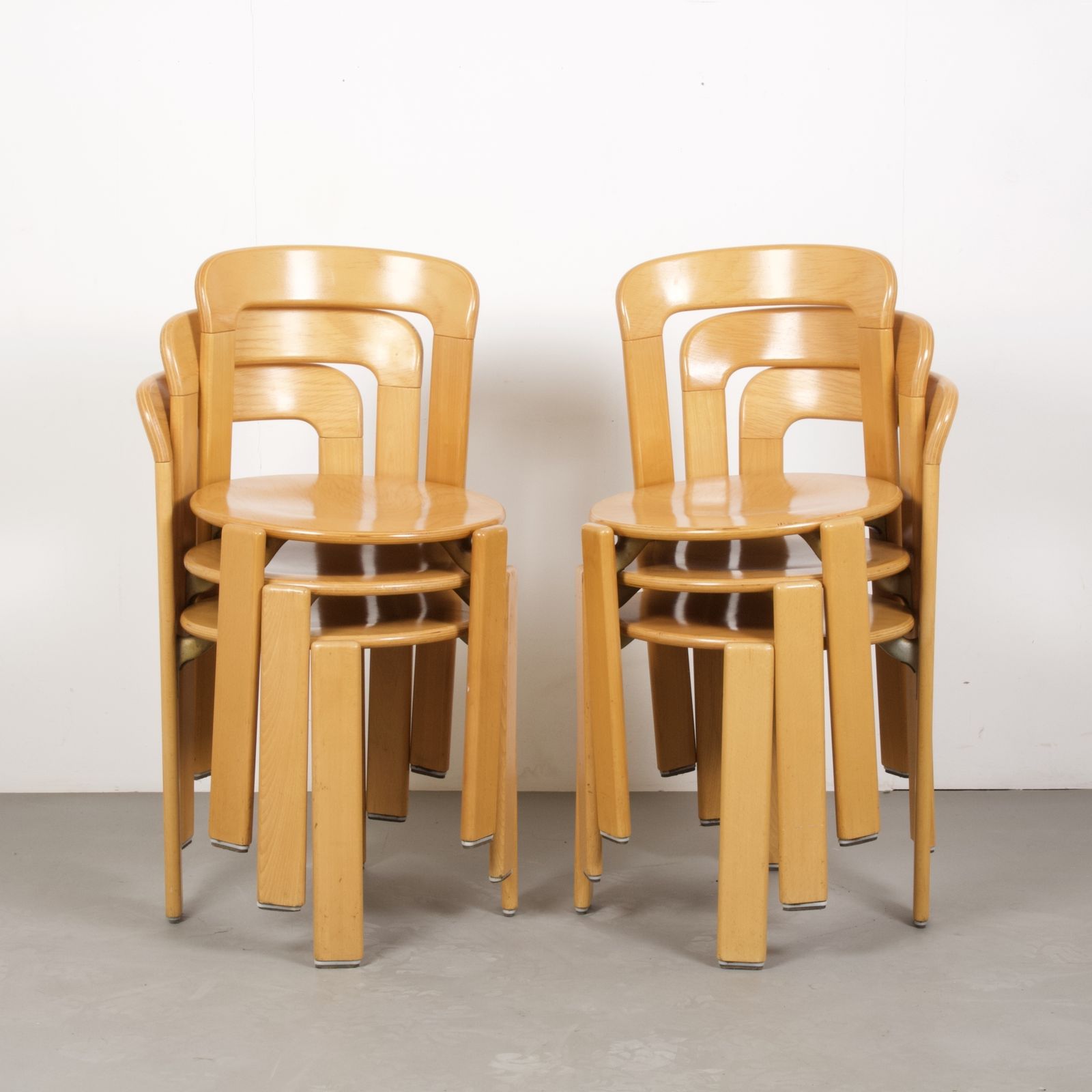 Original Vintage Mid Century Bruno Rey Chairs In Beech For Dietiker Set Of 6, Switzerland 1970s photo for sale