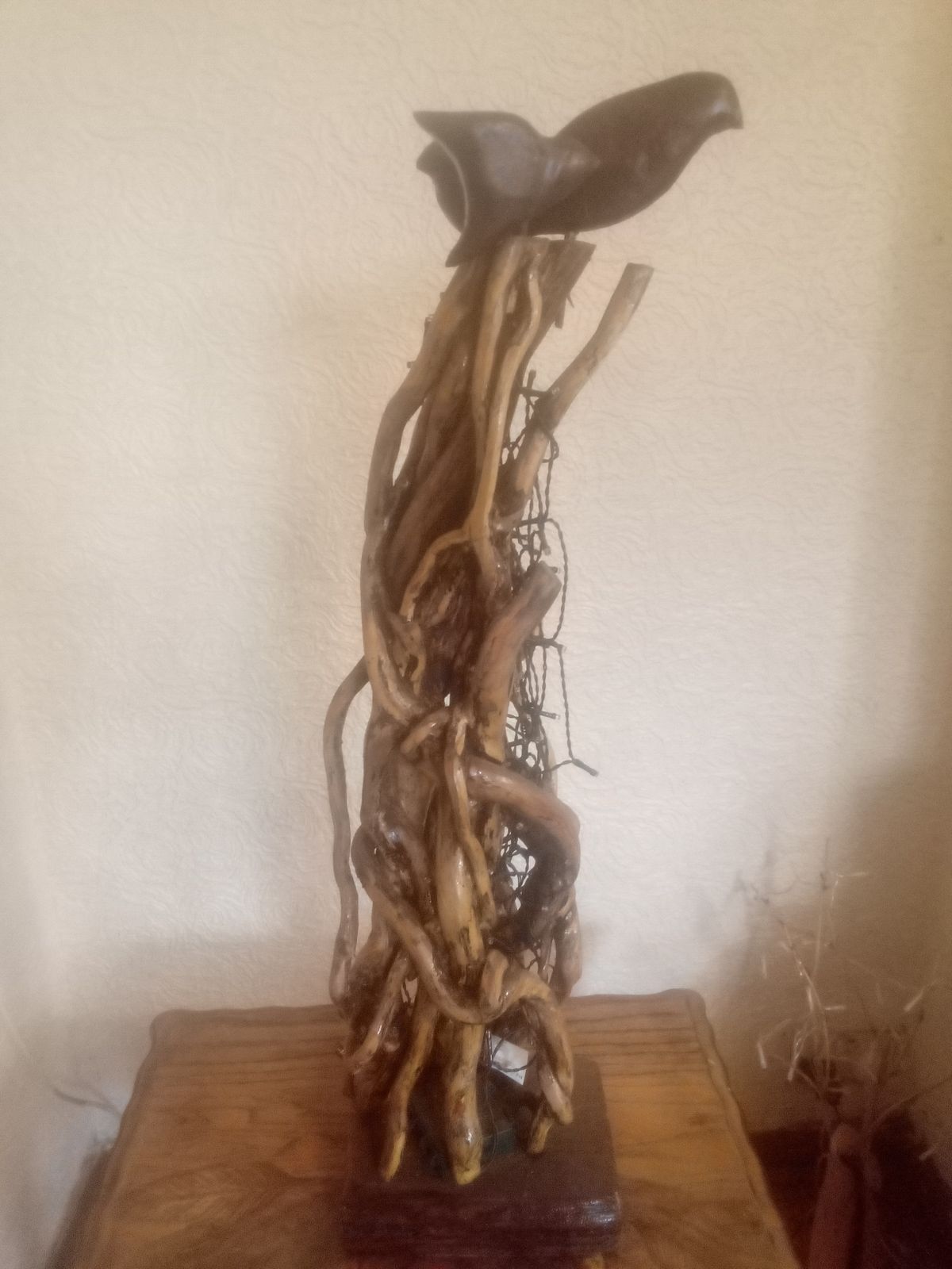 Hand Crafted , Bespoke Ivy Wood Light Sculpture With Hand Carved Birds photo furniture