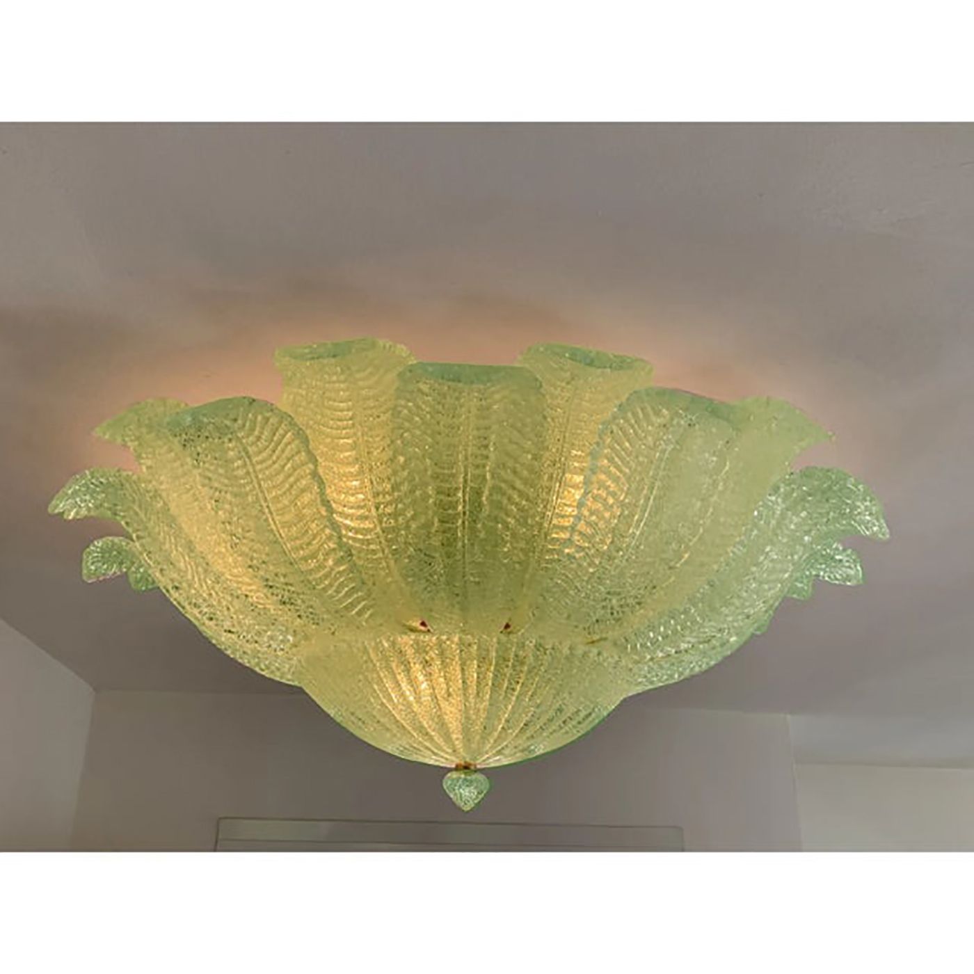 Lot Of 2 Mid Century Modern Style Venetian Green “Leafs” Murano Style Glass Flush Mount photo furniture