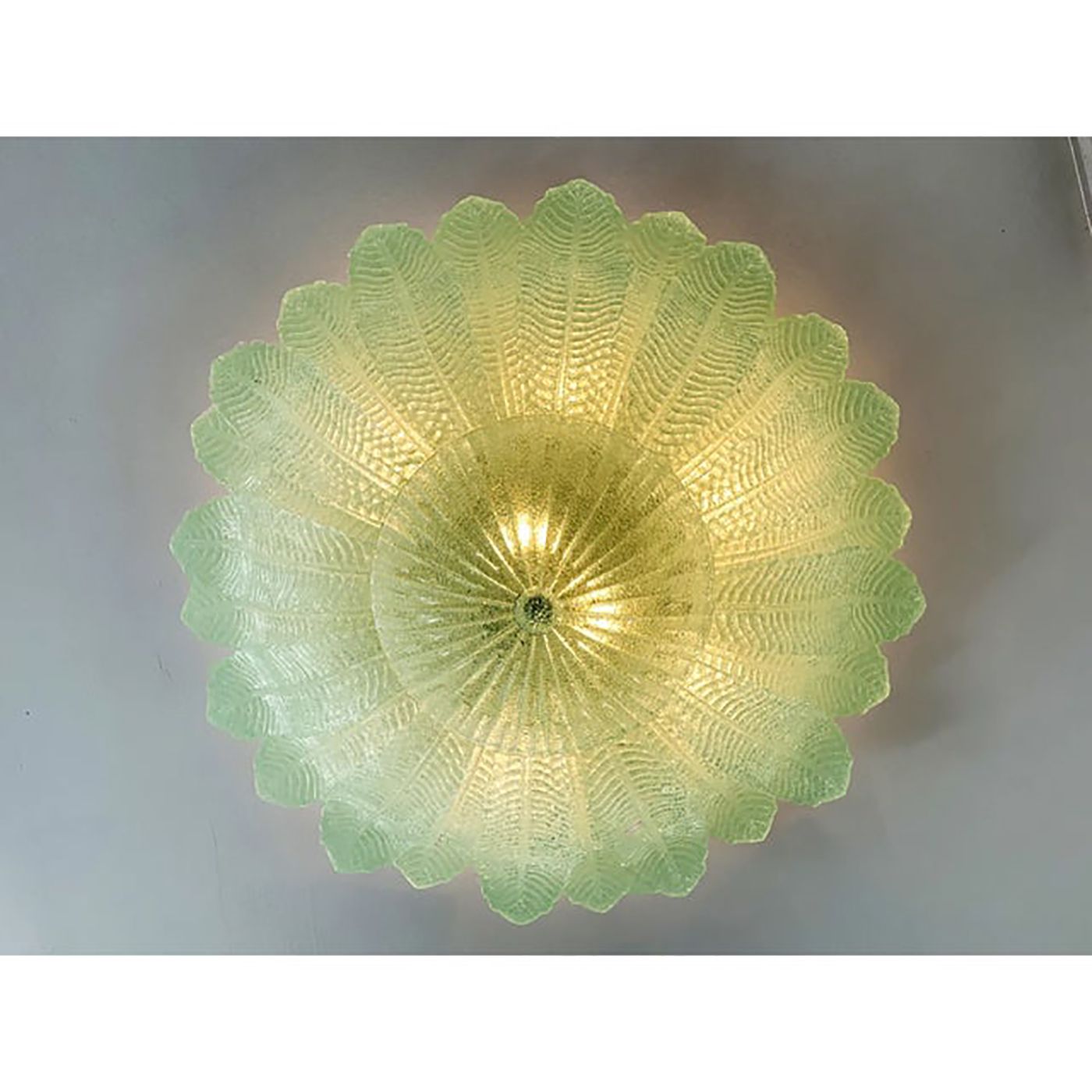 Lot Of 2 Mid Century Modern Style Venetian Green “Leafs” Murano Style Glass Flush Mount photo vinterior