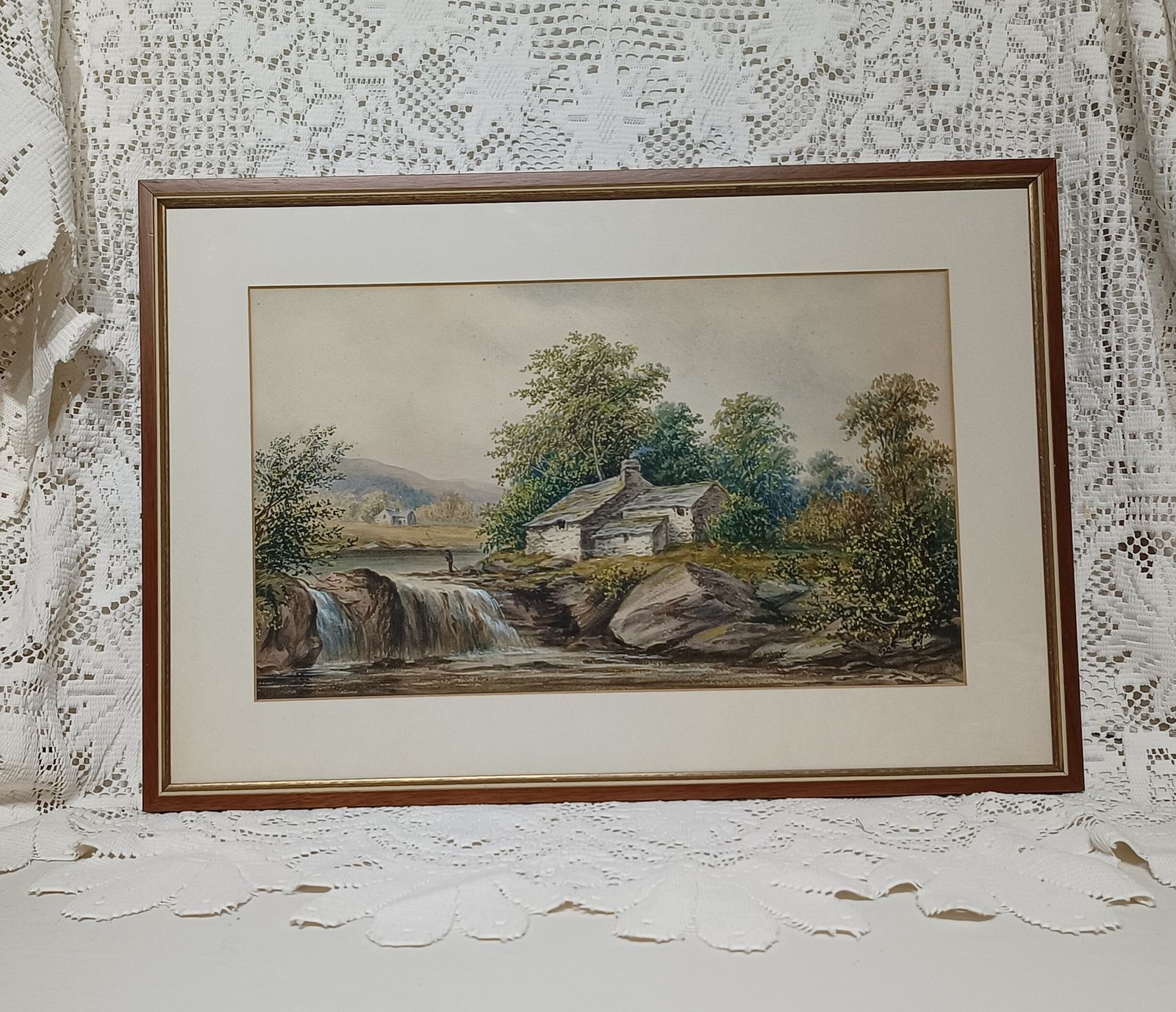 Antique Watercolour Painting Highland River Cottage Landscape British Signed L.Lewis. photo Art