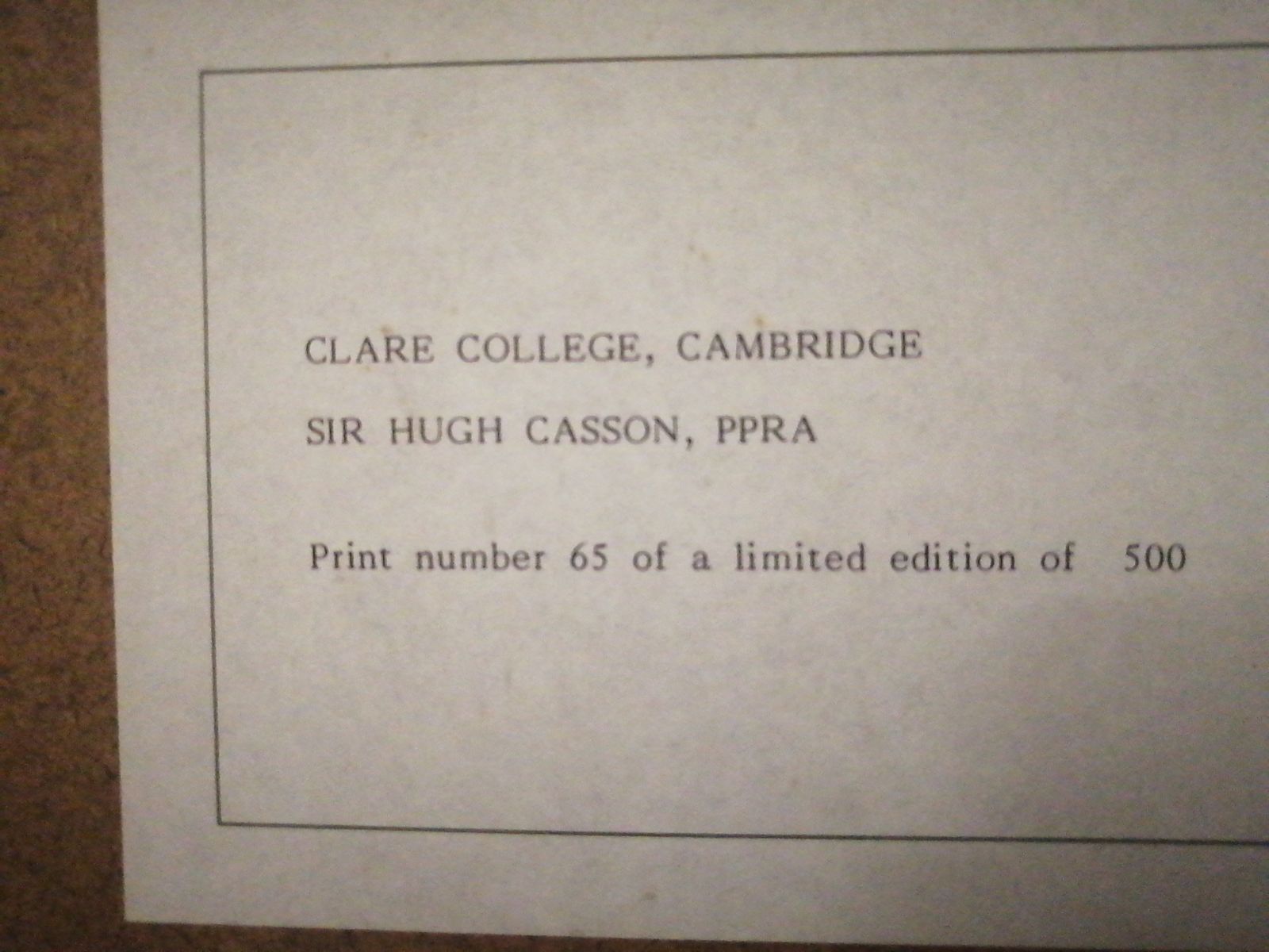 Signed Hugh Casson Limited Print Of Clare College, The West Front, 1989, 65/500 photo vintage