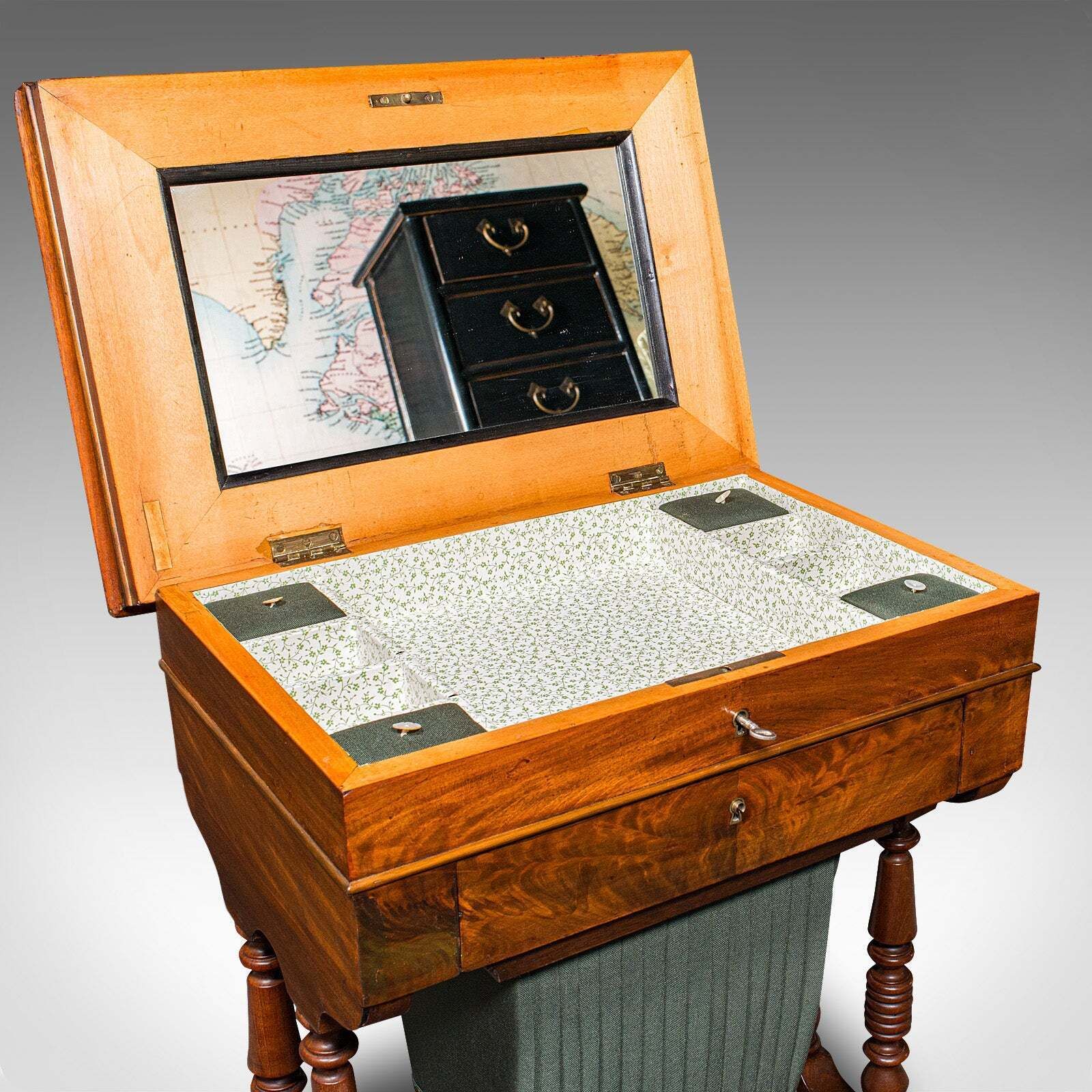 photo for sale Antique Ladies Work Box, English, Flame, Sewing, Haberdashery Table, Victorian