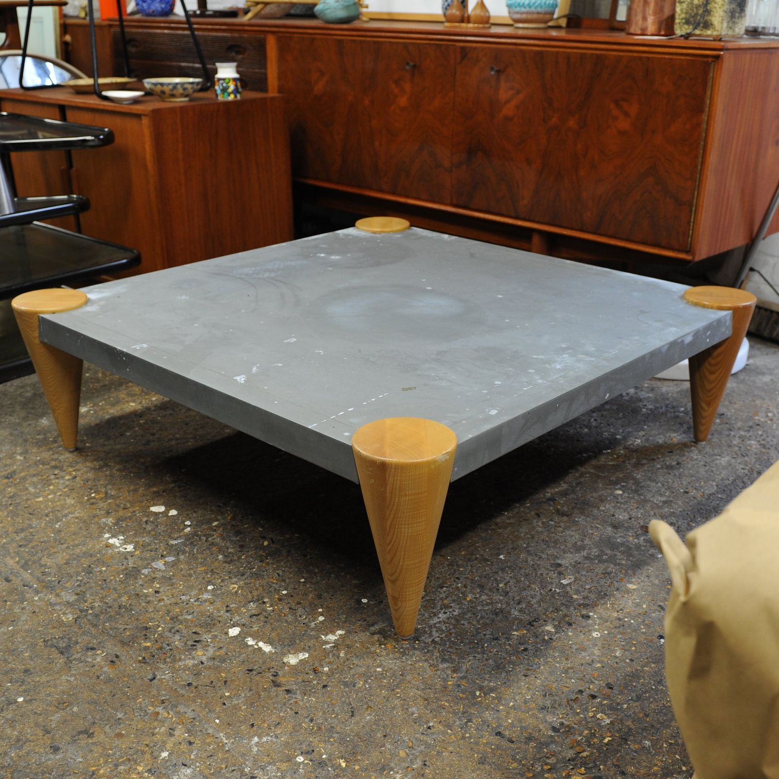 Zinc Square Coffee Table With Turned Oak Legs By Conran, 1980s photo vintage