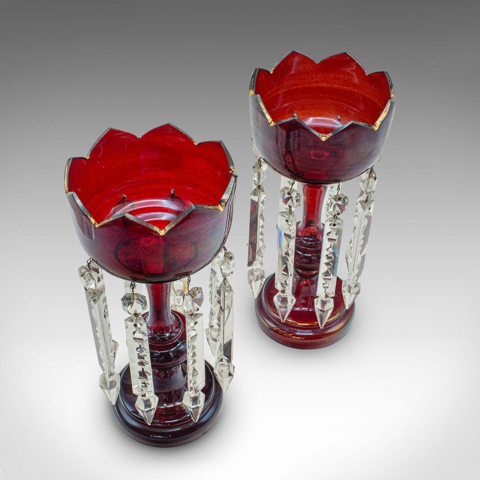 Pair Of Antique Cranberry Lustres, English, Glass, Candle Lamp, Victorian, 1900 photo buy