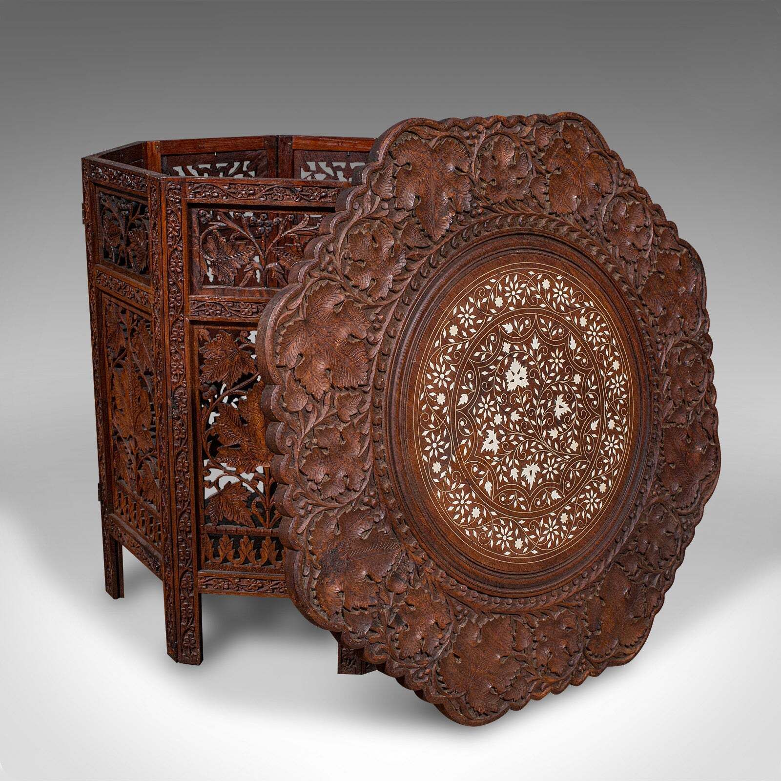 photo for sale Vintage Campaign Tea Table, Burmese, Carved Teak, Display, Lamp, Art Deco, 1940