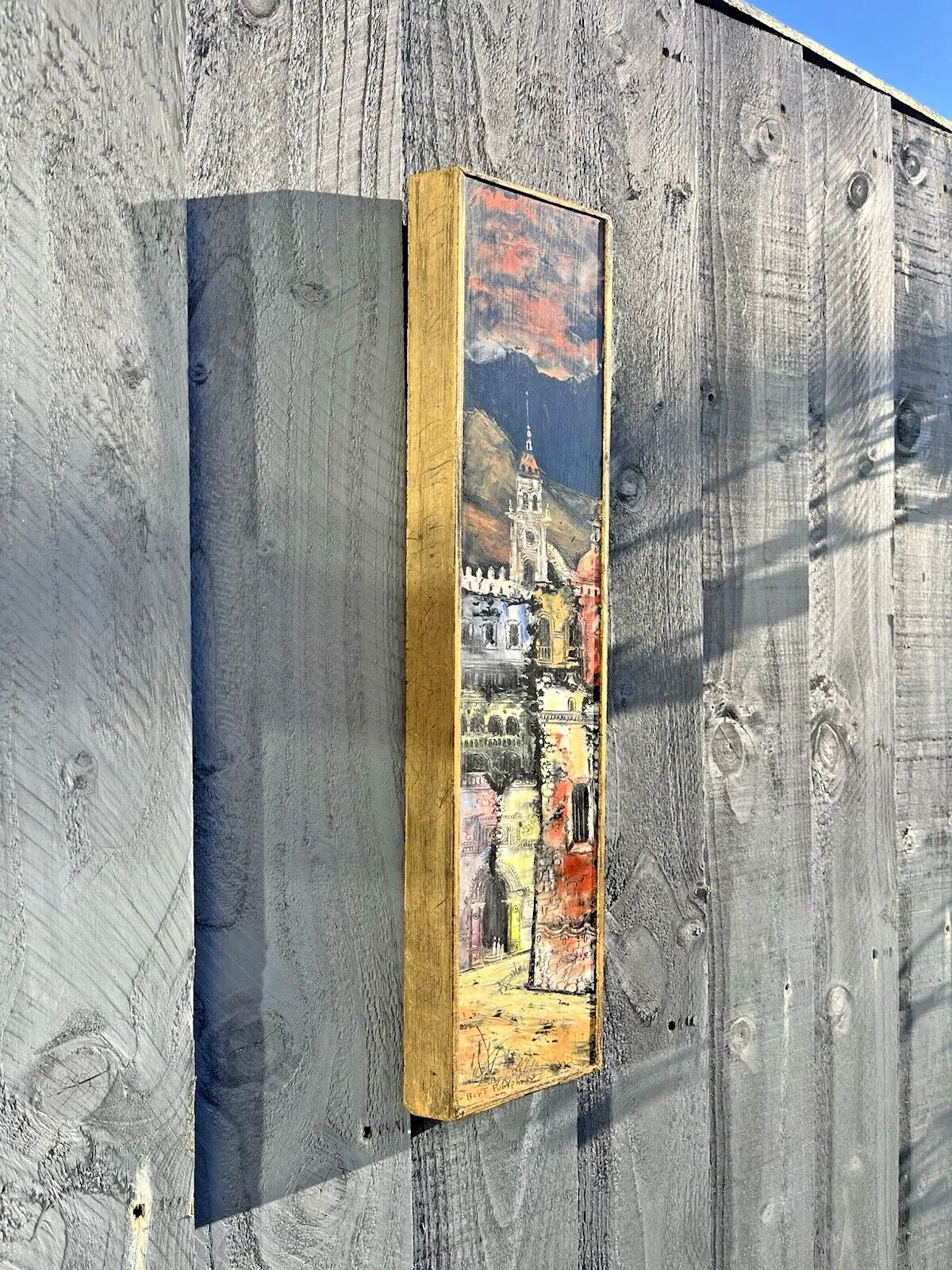 Framed Board Painting Medieval European Street Scene Clock Tower Bert Pumphrey photo for sale