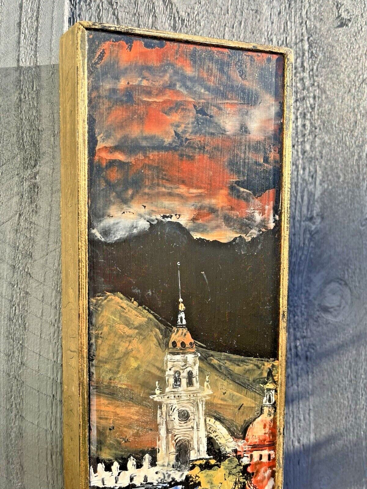 photo furniture Framed Board Painting Medieval European Street Scene Clock Tower Bert Pumphrey