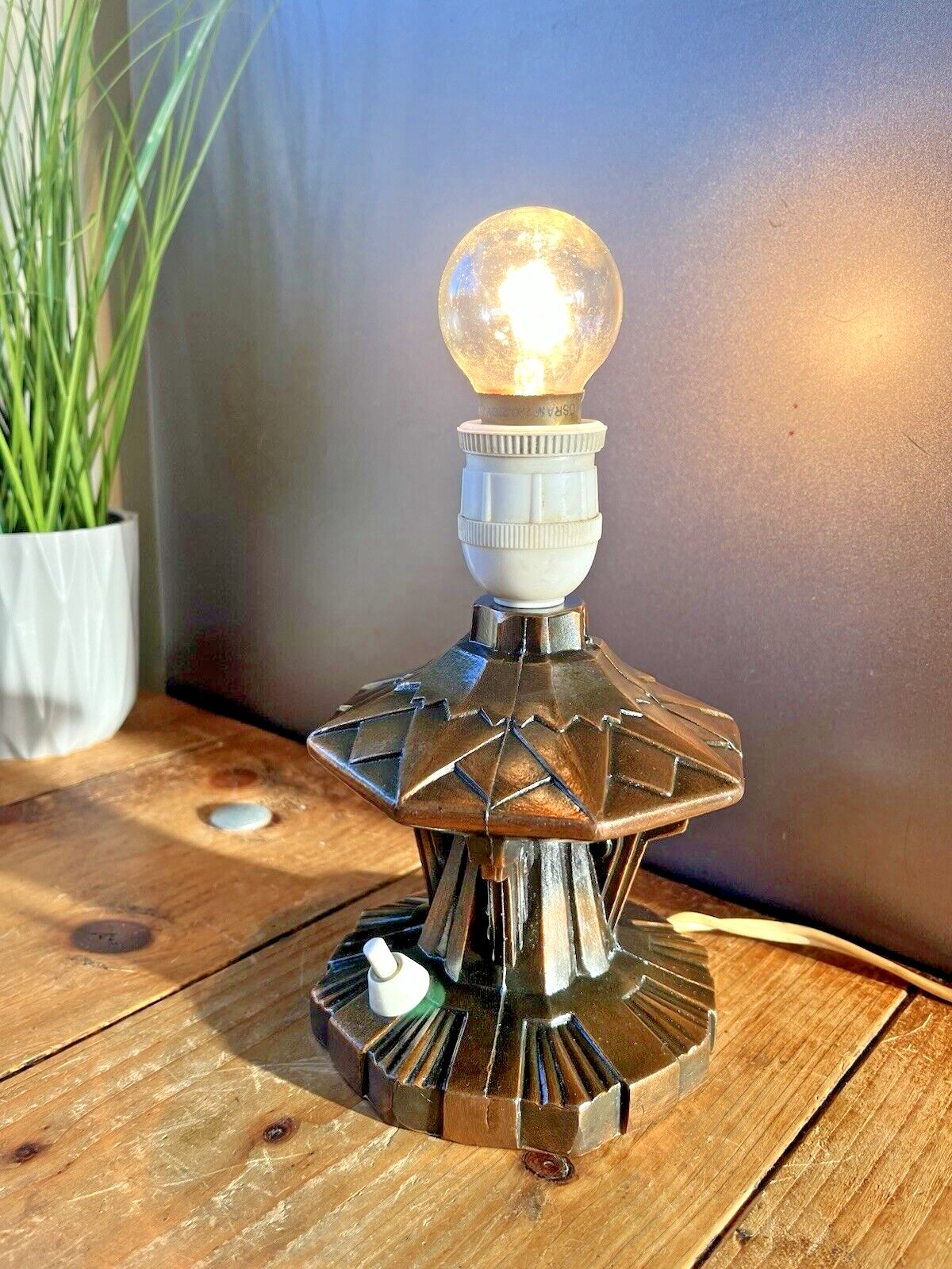 Superb 20s French Art Deco Geometric Copper Tone Metal Lamp Base Interior Design photo vintage