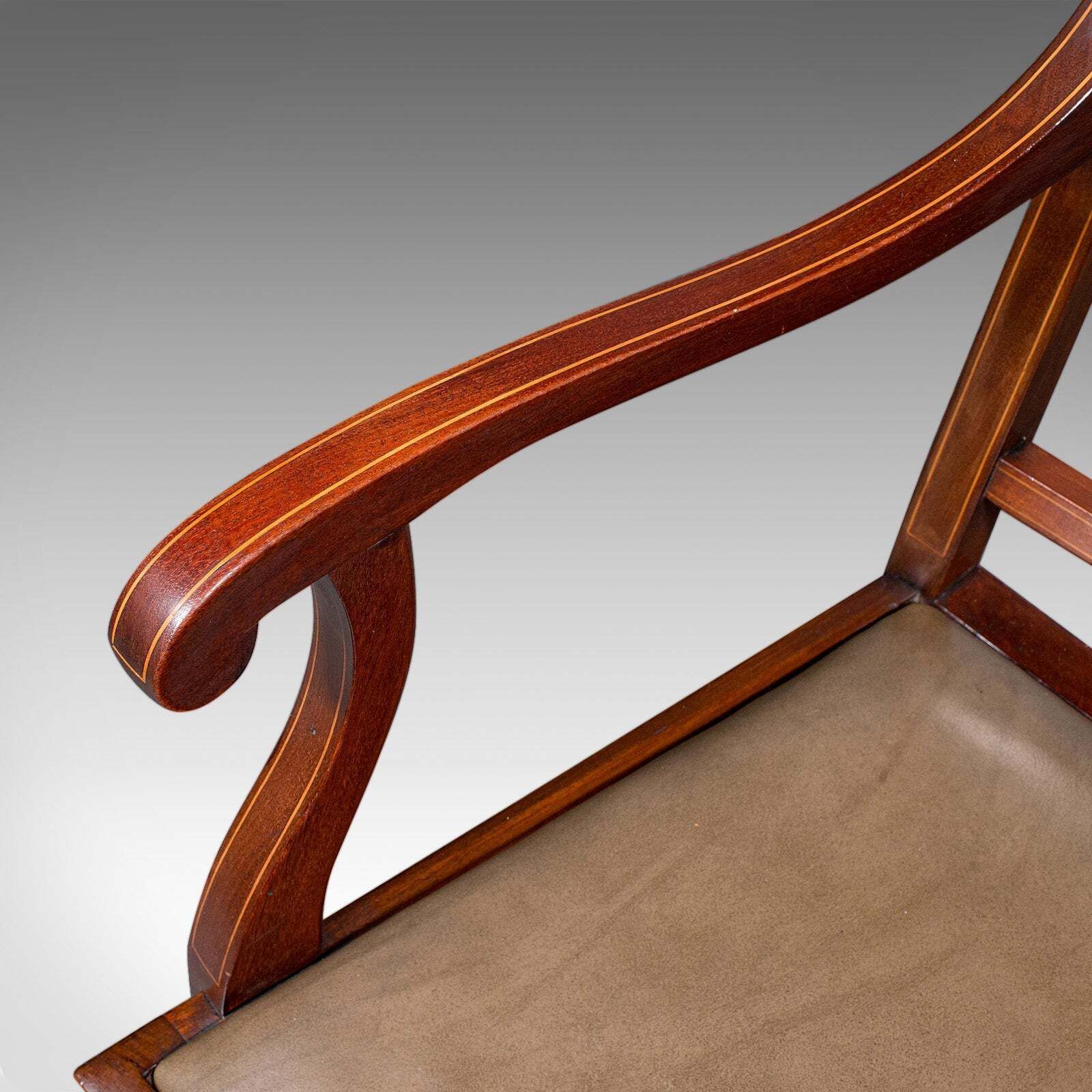 photo furniture Antique Morning Room Side Chair, English Walnut Elbow Seat, Shoolbred, Edwardian