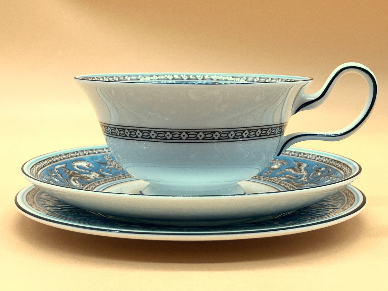 75.0 Wedgwood China Turquoise Florentine Design Peony Shape Tea Cup & Saucer Duo. W2714. photo