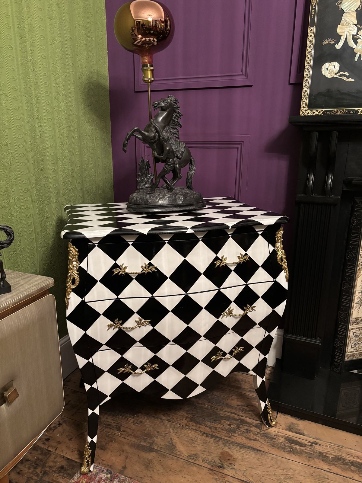 Painted Black And White Harlequin Drawers In A French Style photo for sale