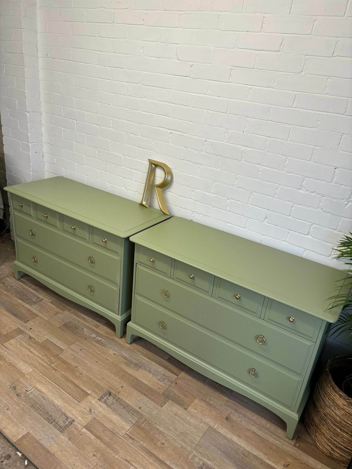 Pair Of Stag Minstrel Chest Of Drawers 4 Over 2 Painted Green photo vinterior