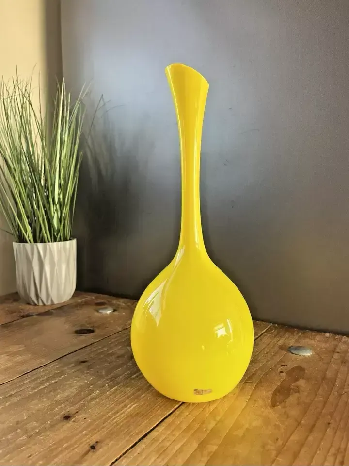 photo furniture Mid Century Modern 50s Swedish Lindshammar Glass Yellow Bottle Vase Gunnar Ander