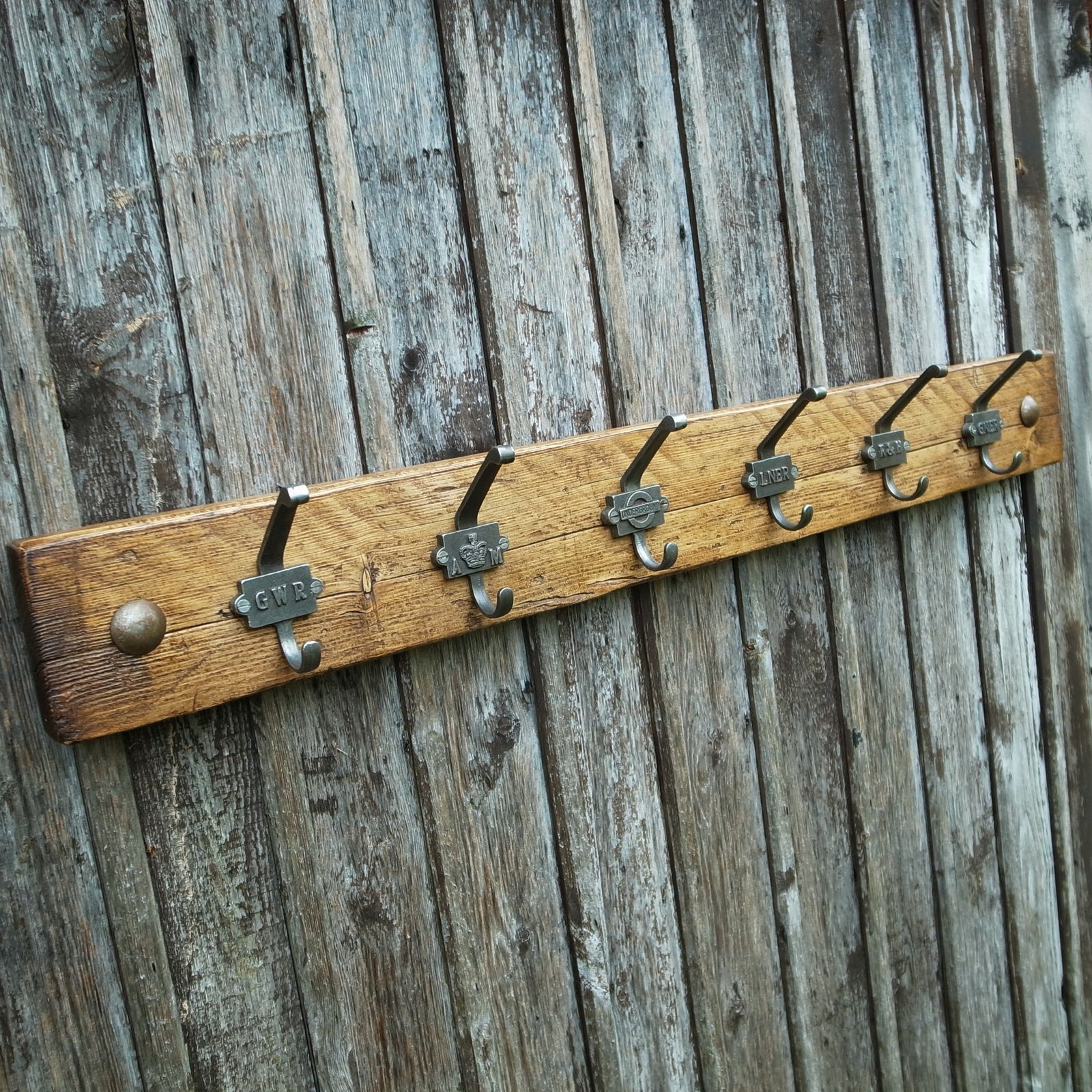 Reclaimed Wooden Coat Rack With Industrial Cast Iron Cloakroom Hooks photo furniture