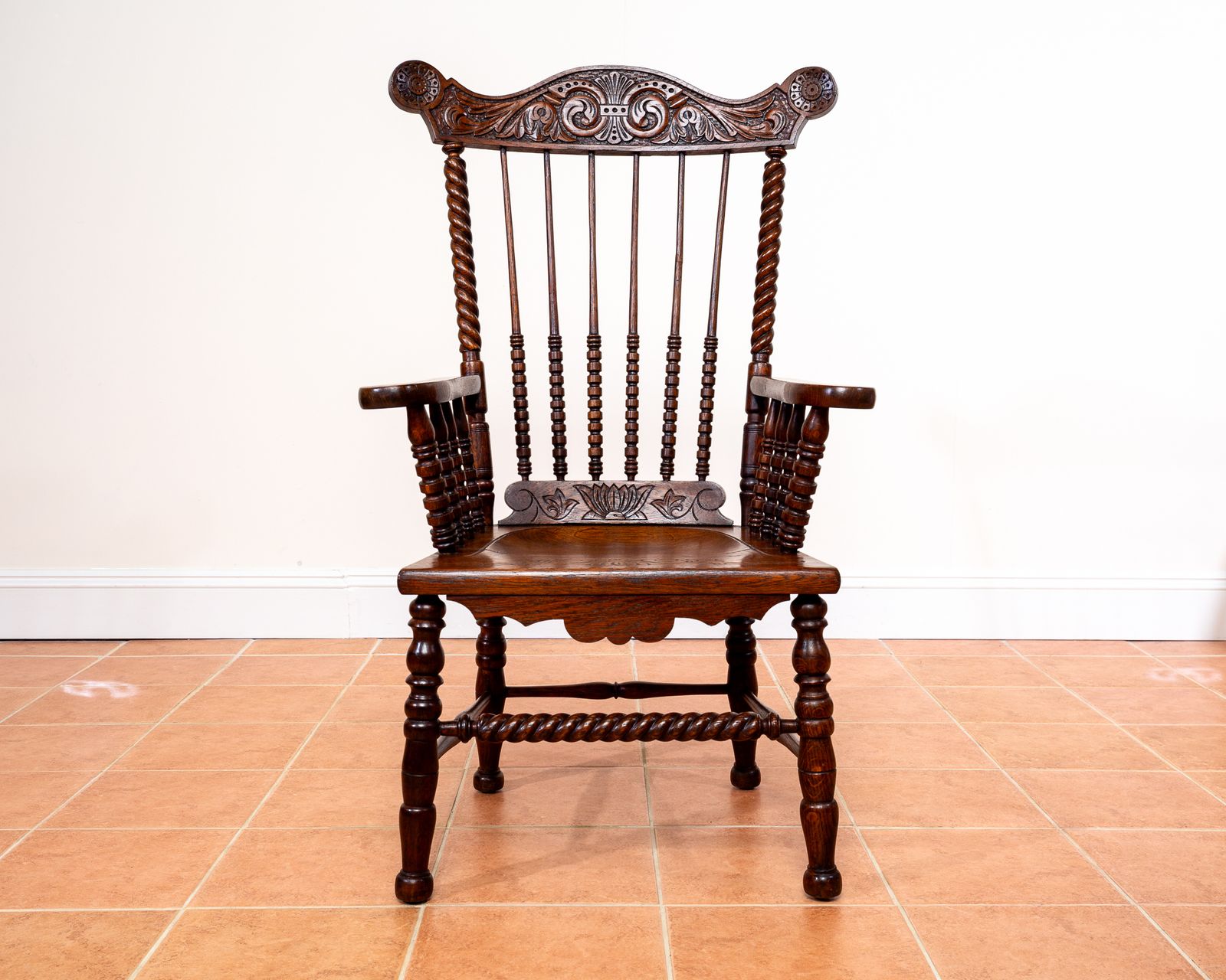 Impressive Antique Oak Windsor Chair Country House Statement Fan Back Fireside Grandfather Armchair Ornate Decorative Carver Hall Throne Chair