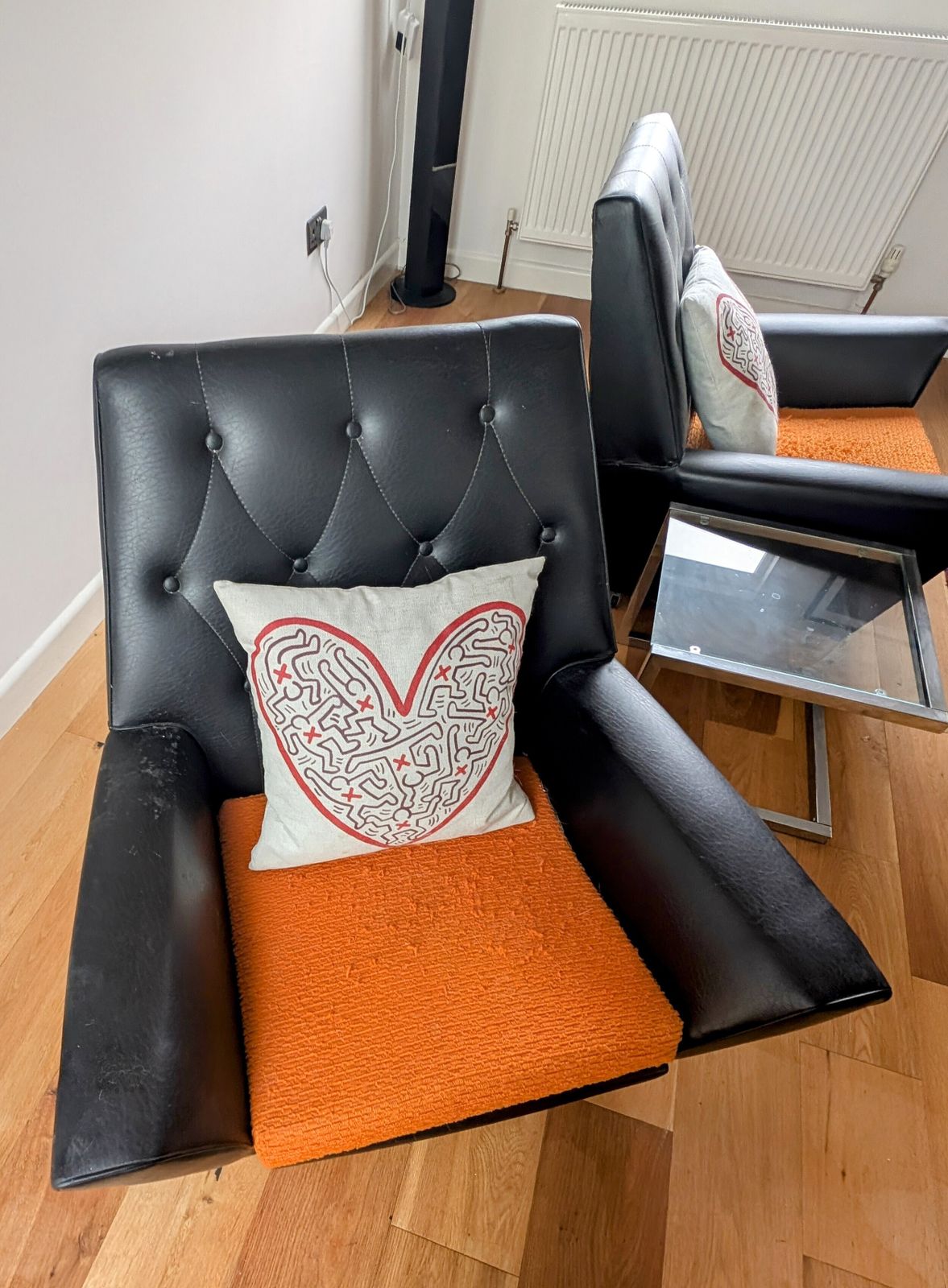 Pair Of Mid Century Vintage 1960s Black Vinyl & Orange Armchairs photo buy