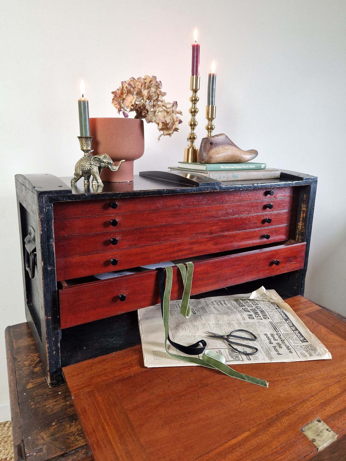 Antique Ebonised & Mahogany Engineers/Collectors Chest/Box photo furniture