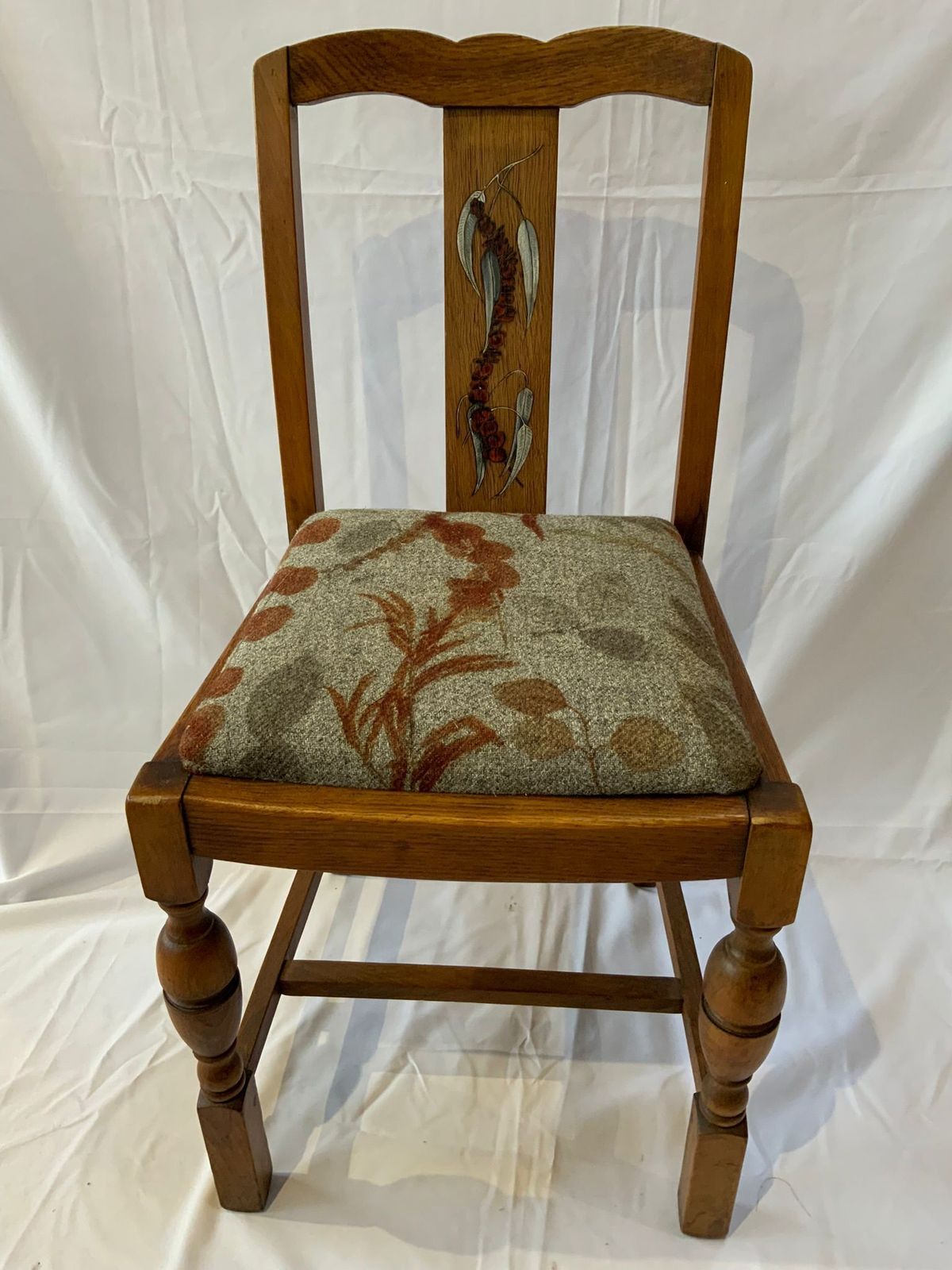 4 X Solid Wood Utility Chairs. Each Having Been Stripped, Repaired, Restored, Upholstered And Pyrographed To Match The Natural Wool Fabric photo for sale