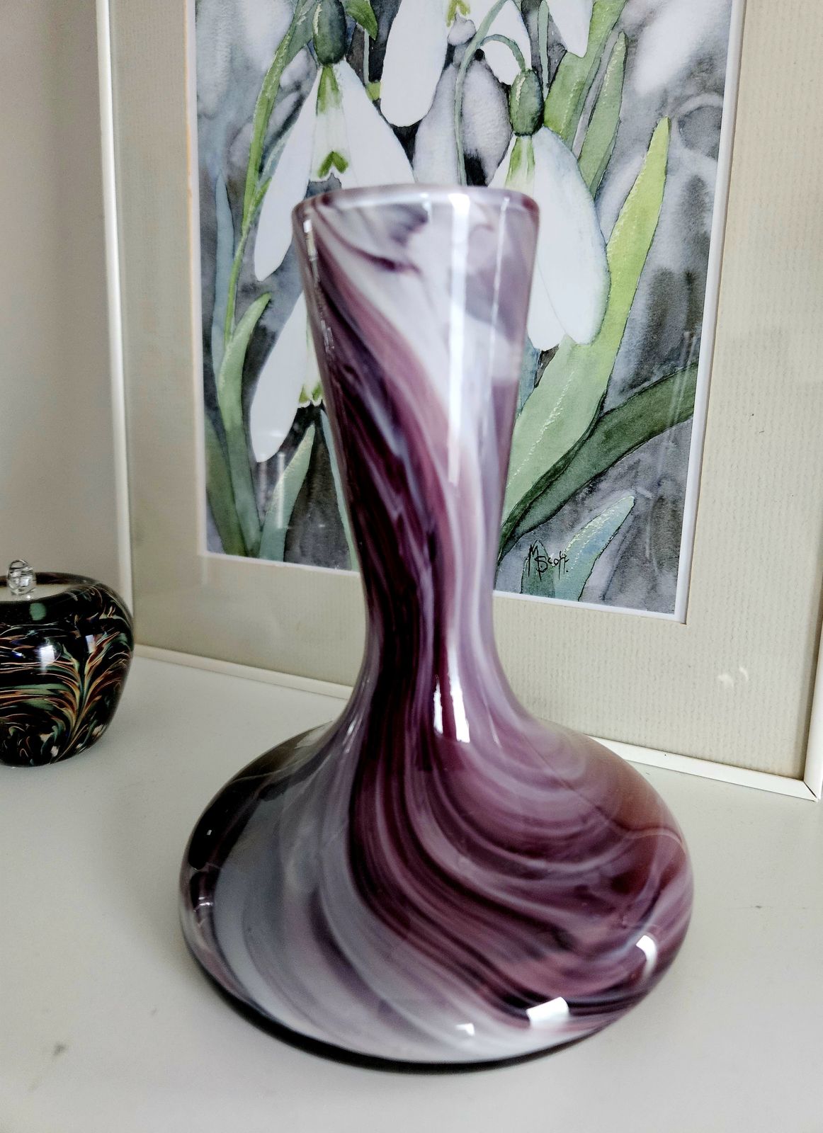Beautiful Murano Style Glass Vase With Swirled Marbling Effect In Plum Tones photo 69.0