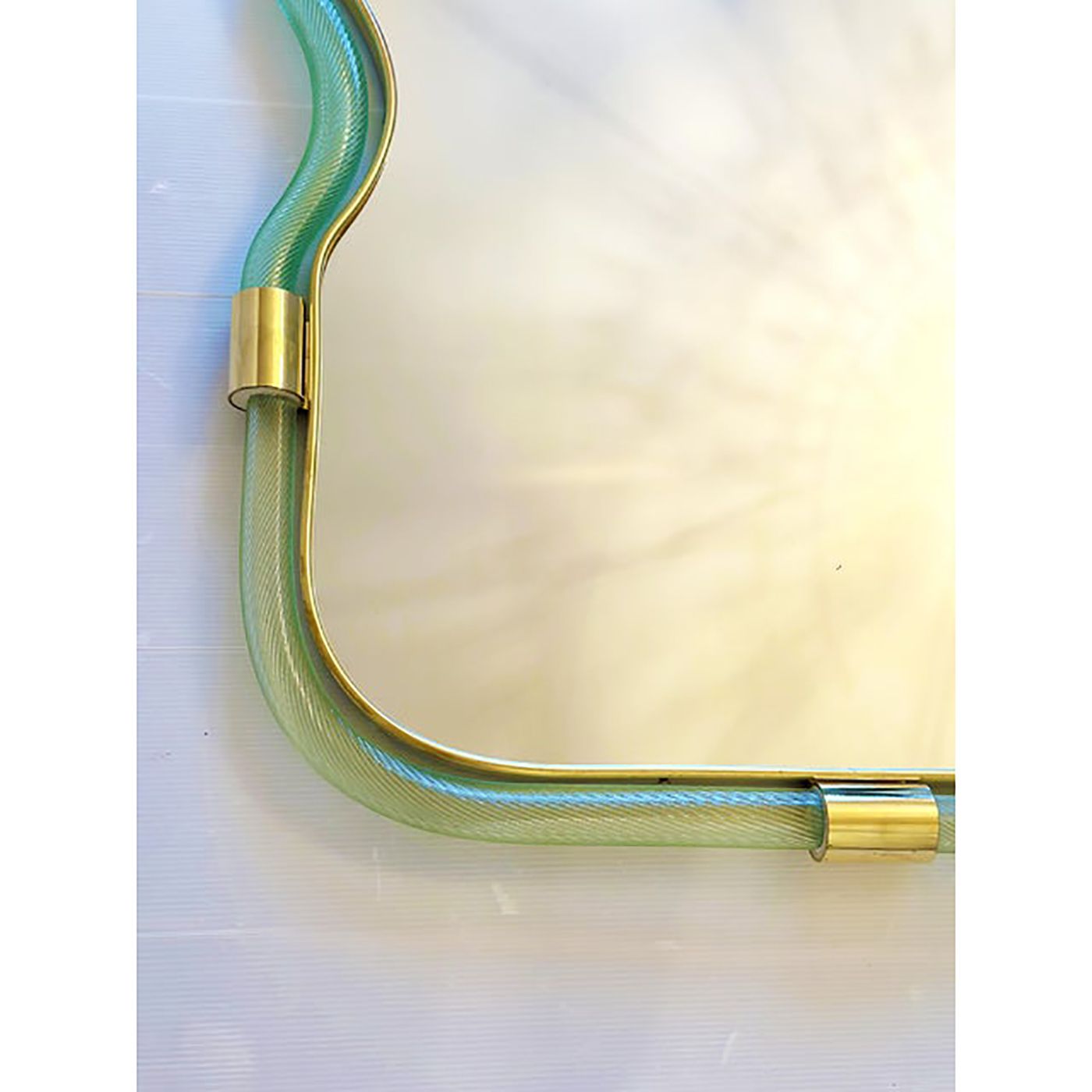 Contemporary Wave Mirror In Green And Gold "Torchon" Torciglione Murano Style Glass photo buy