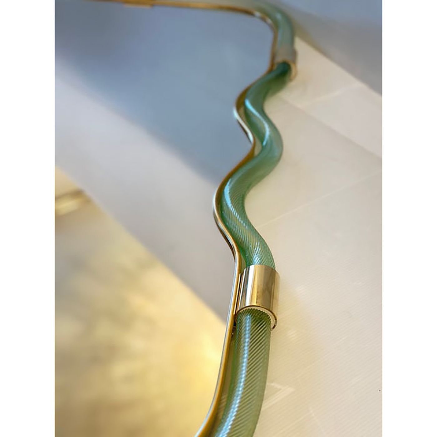 Contemporary Wave Mirror In Green And Gold "Torchon" Torciglione Murano Style Glass photo vintage
