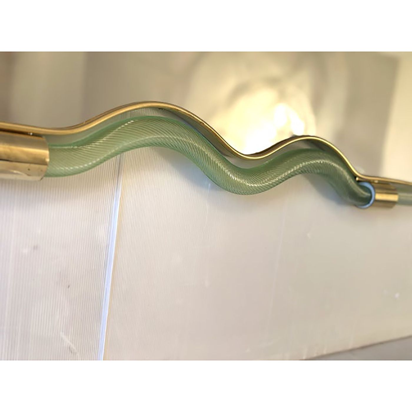 Contemporary Horizzontal Wave Mirror In Green And Gold "Torchon" Torciglione Murano Style Glass photo for sale