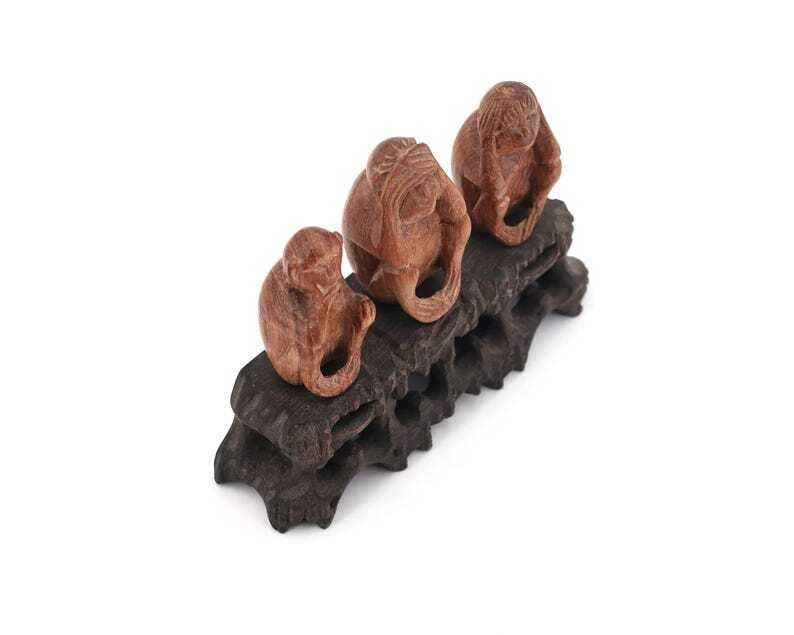 Chinese Sculpture : The Three Wise Monkeys, Carved Wood, 1970s / Lucky Charm, Statue, Figurine, Art photo for sale