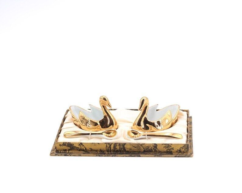 French Golden Porcelain Swans And Spoons, Salt Pepper Or Mustard Dish, 1950s / Wedding Gift, Condiments Display Holder photo for sale