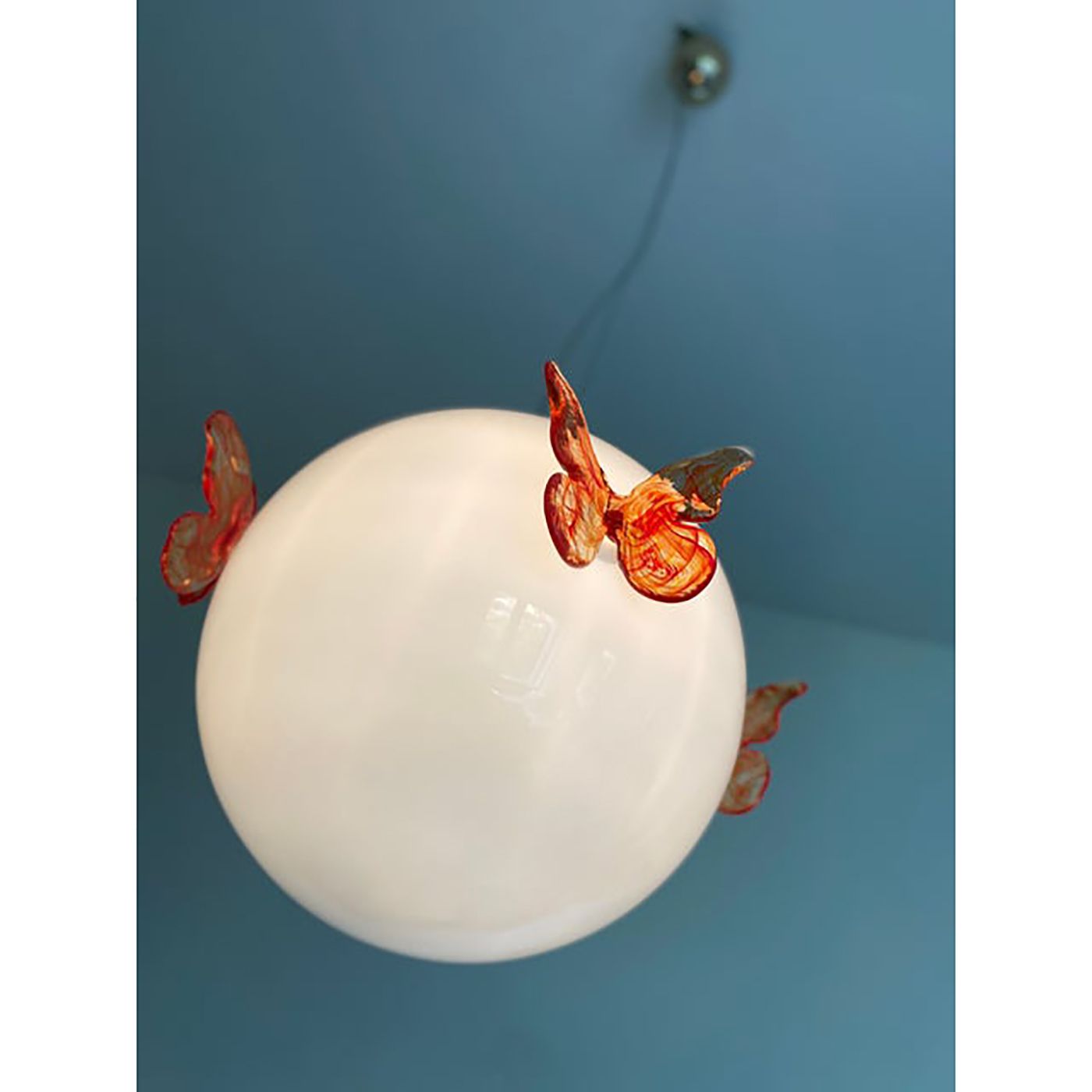 Italian Murano Style Glass Opalino Pendant With Red Butterfly photo Lighting