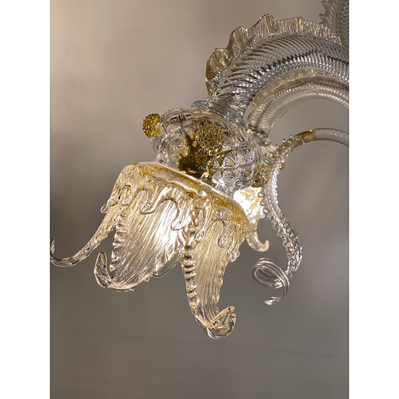 Murano Style Glass Clear And Gold Chandelier With Flowers And Leaves photo for sale