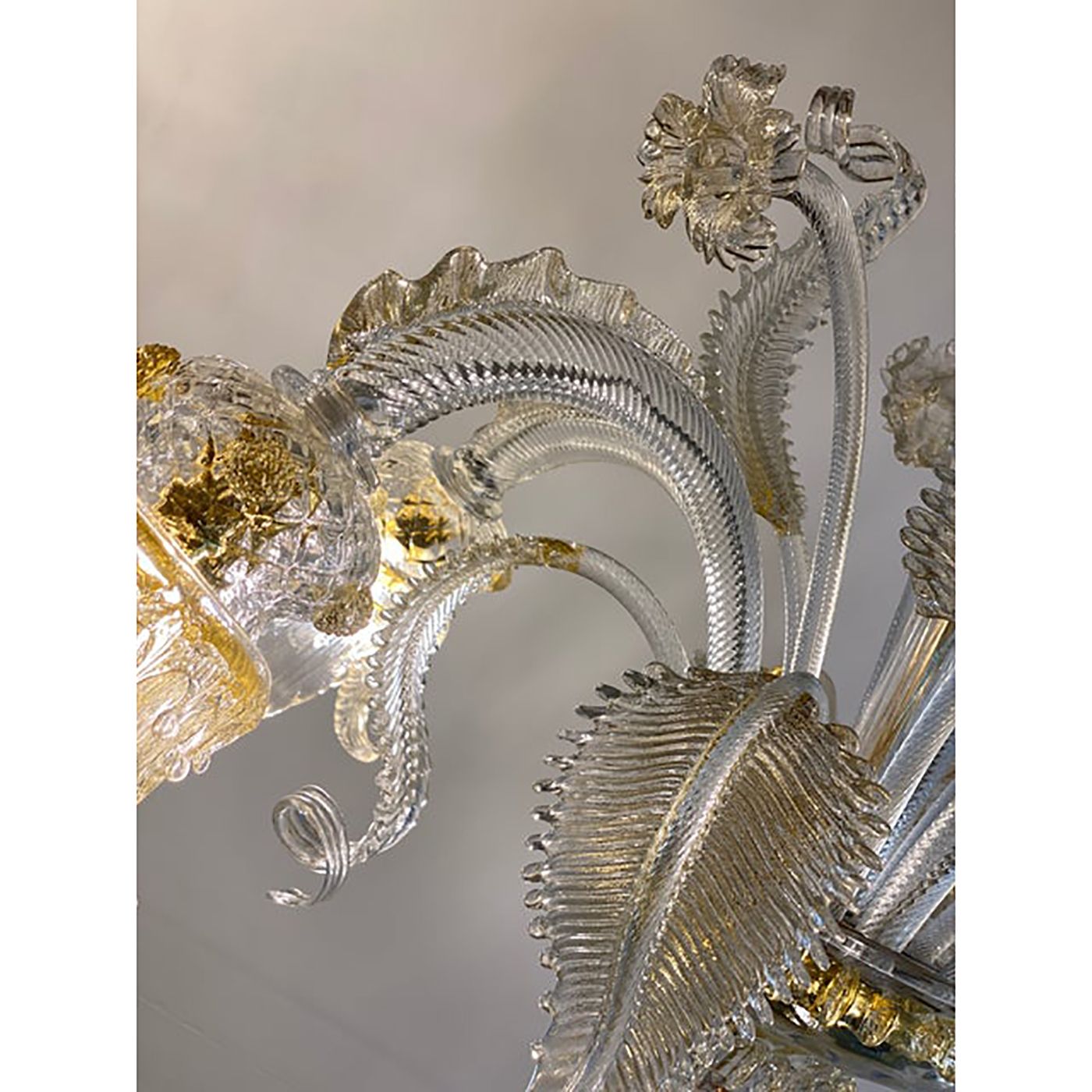 Murano Style Glass Clear And Gold Chandelier With Flowers And Leaves photo 6800.0