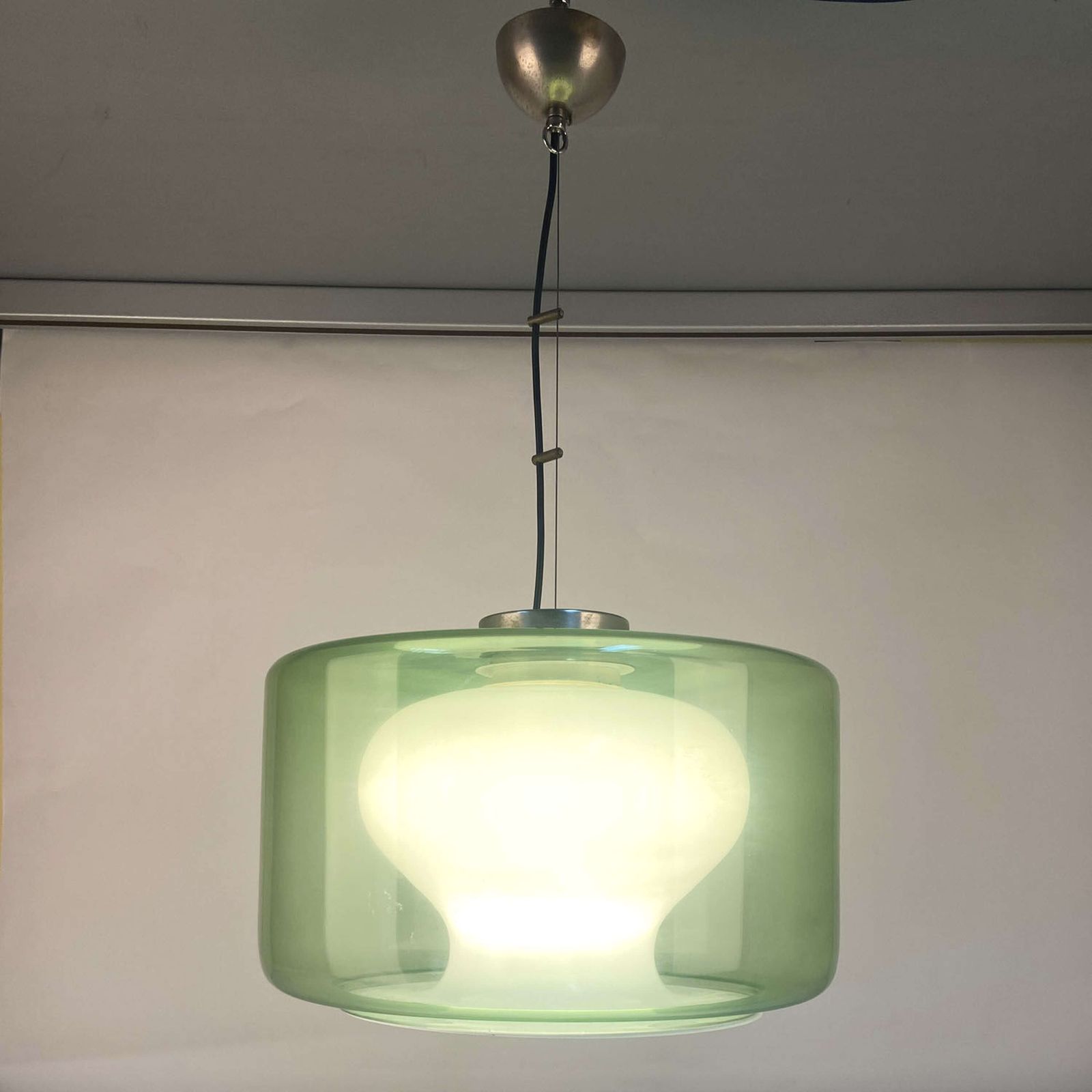 Large Green & Opaline Glass Pendant Attributed To Carlo Nason Mazzega photo for sale