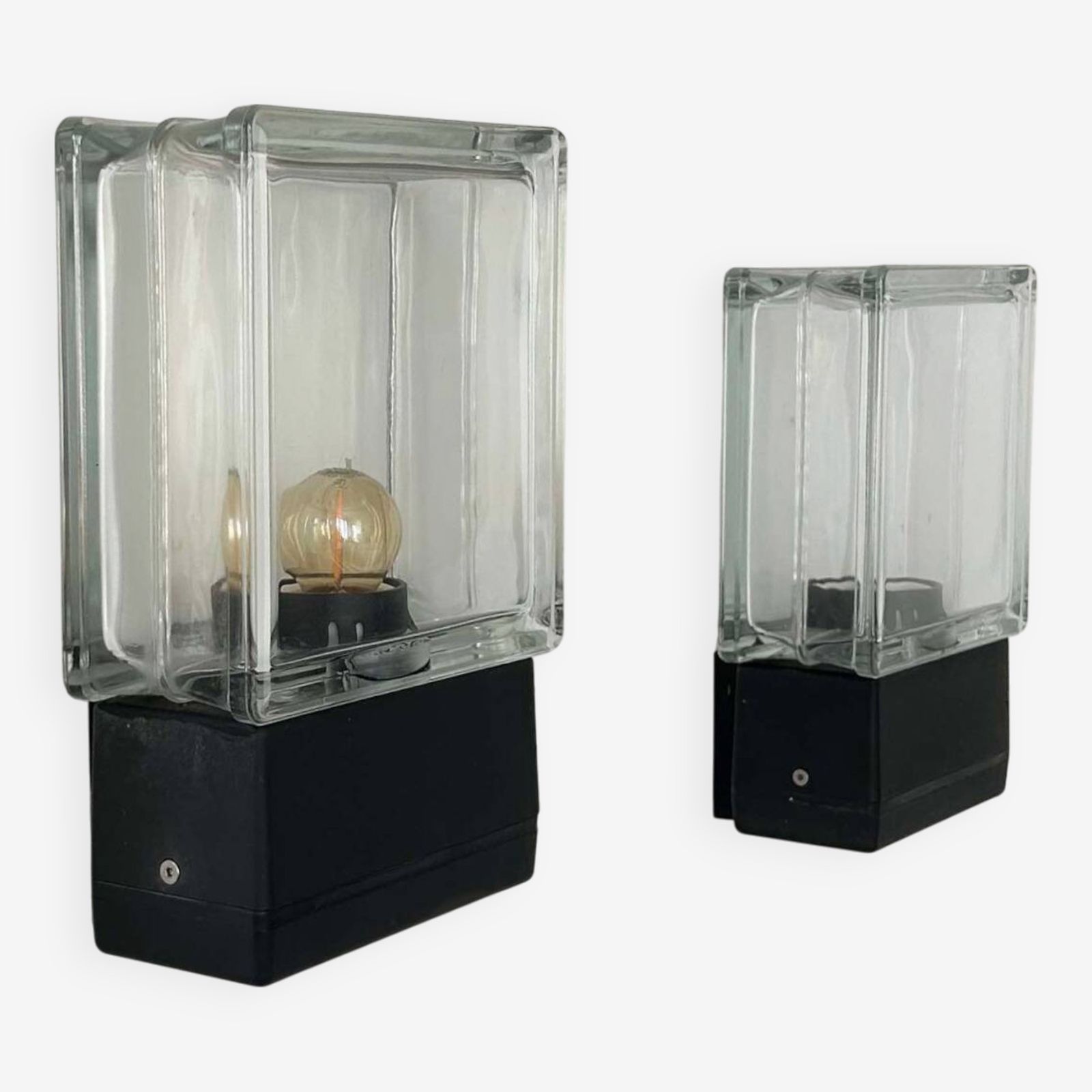 Pair Of Vintage Wall Lights, Glass And Black Metal, Italy 1980