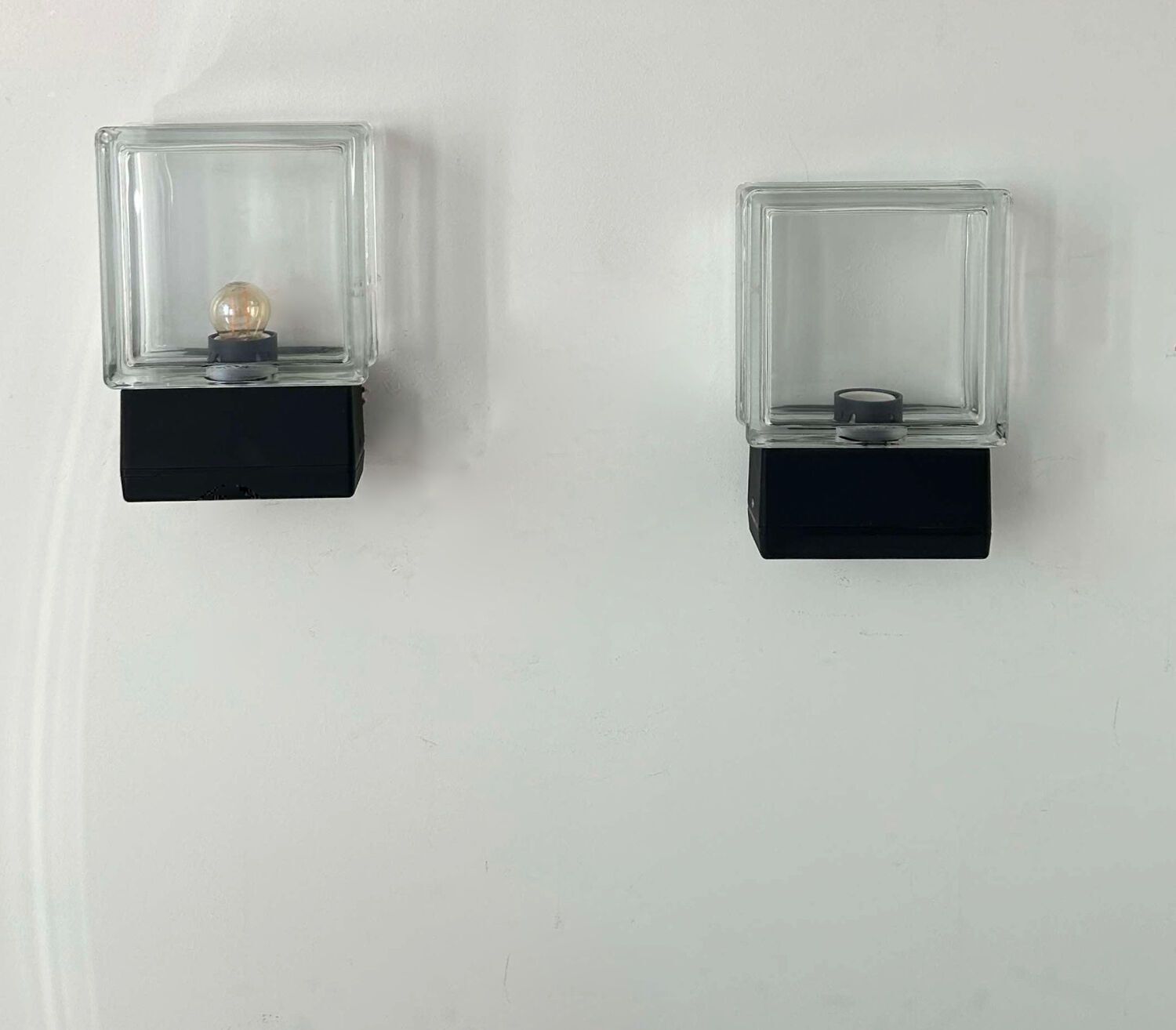 Pair Of Vintage Wall Lights, Glass And Black Metal, Italy 1980 photo for sale