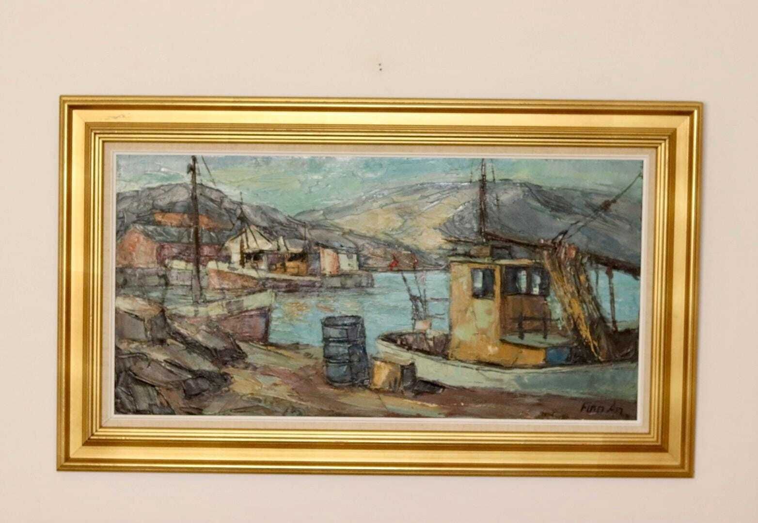 Mid Century Original Swedish Oil On Canvas "Harbour Scene With Fishing Boat" By Finn Andersen  Vintage & Framed