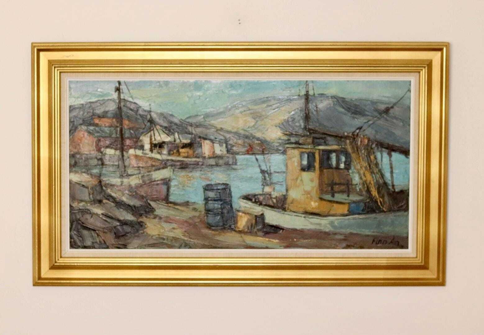 Mid Century Original Swedish Oil On Canvas "Harbour Scene With Fishing Boat" By Finn Andersen  Vintage & Framed photo furniture