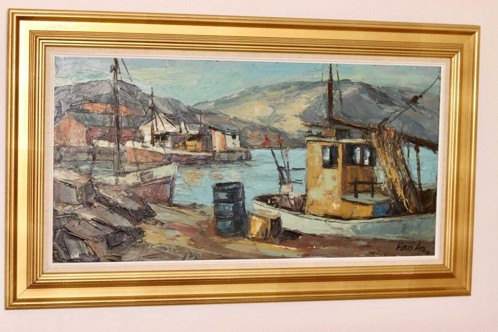 Mid Century Original Swedish Oil On Canvas "Harbour Scene With Fishing Boat" By Finn Andersen  Vintage & Framed photo Art