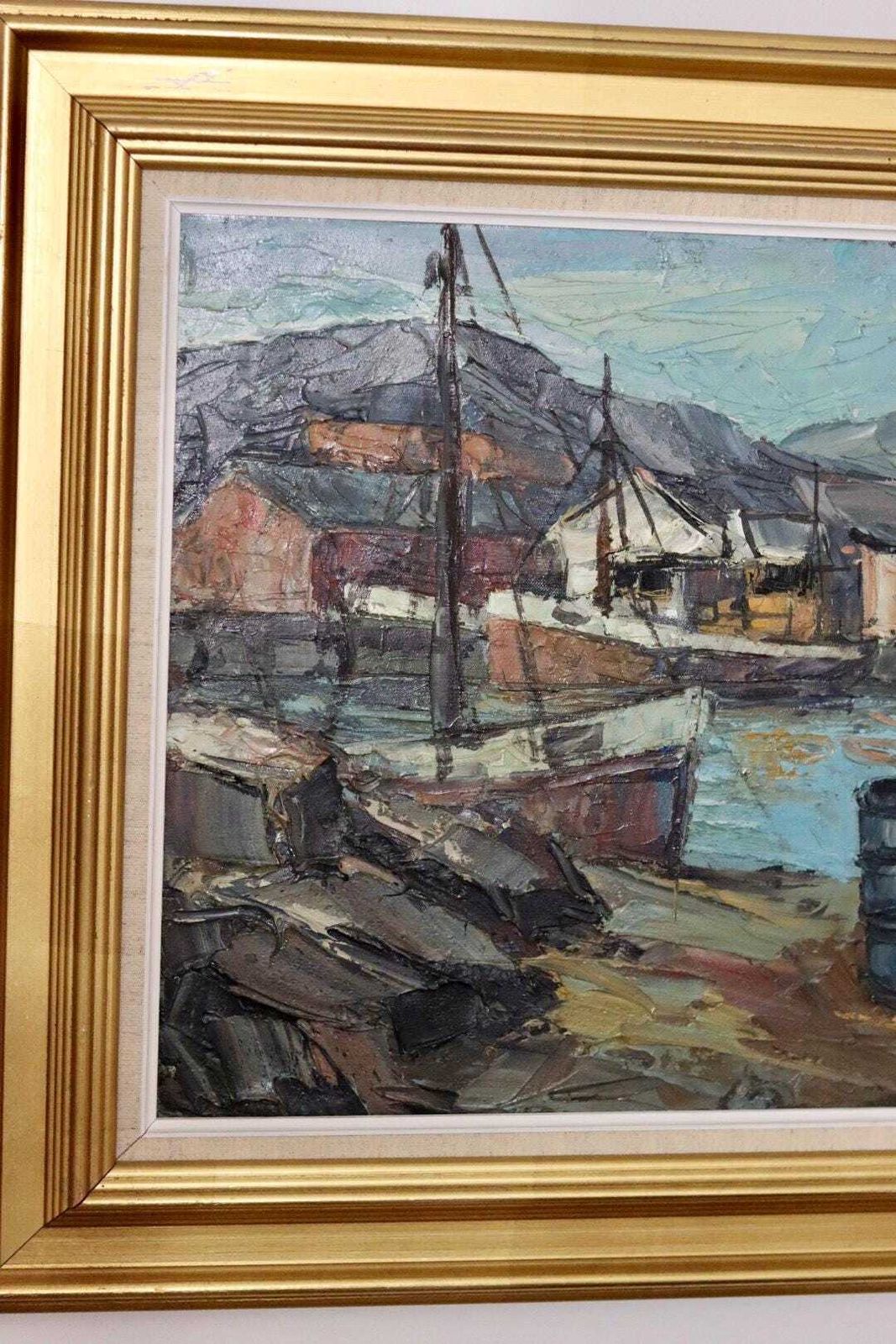 Mid Century Original Swedish Oil On Canvas "Harbour Scene With Fishing Boat" By Finn Andersen  Vintage & Framed photo 395.0