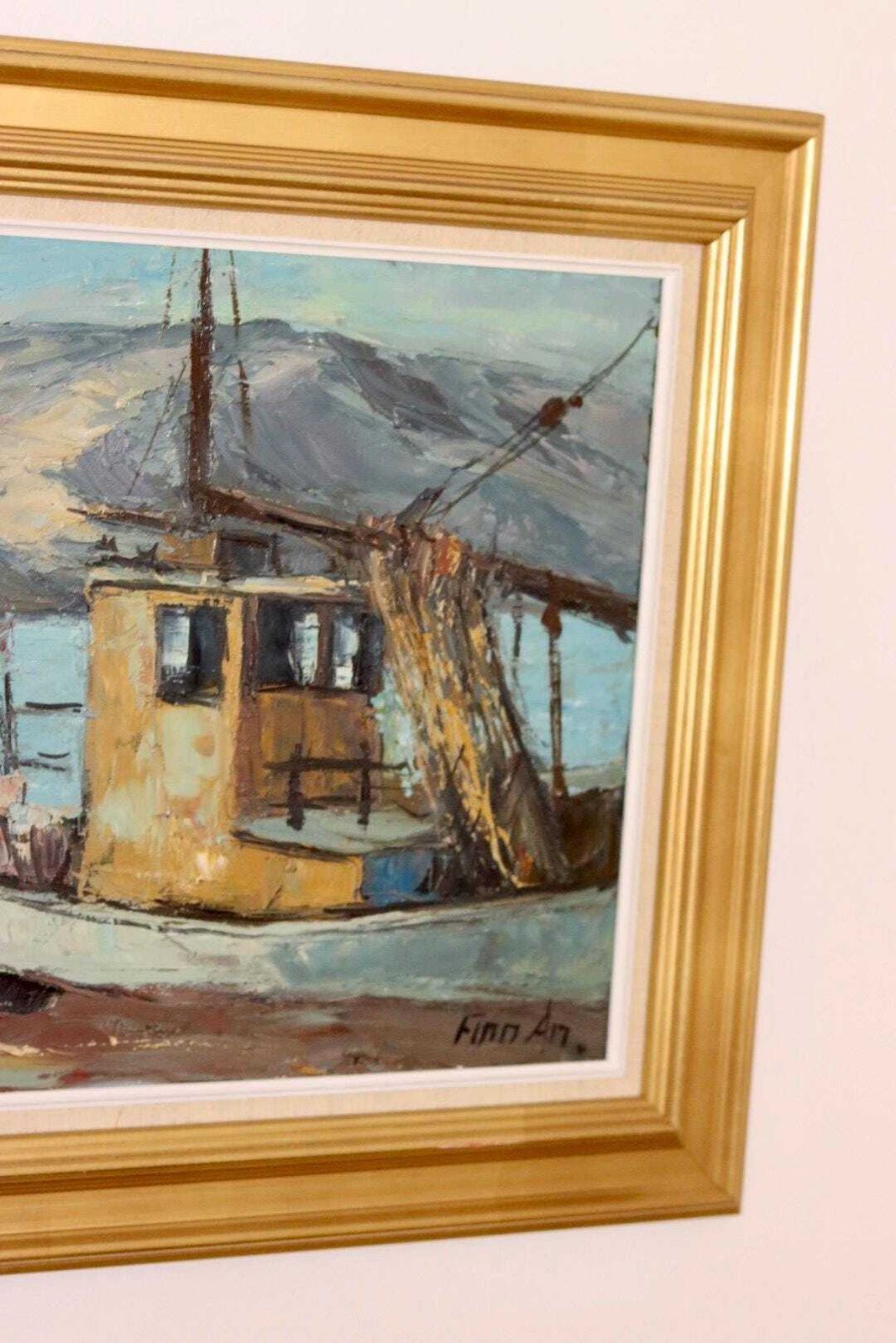 Mid Century Original Swedish Oil On Canvas "Harbour Scene With Fishing Boat" By Finn Andersen  Vintage & Framed photo buy