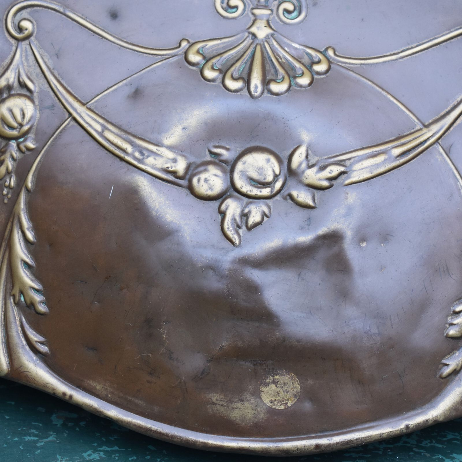Antique Salvaged Repousse Copper On Cast Iron Open Fireplace Hood Ornate Panel photo for sale